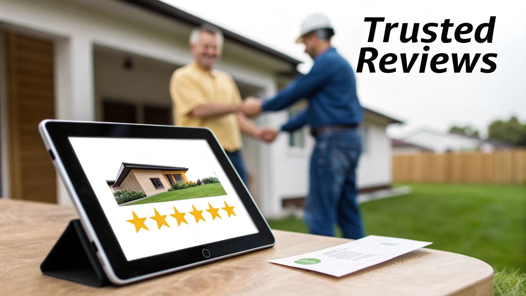 A contractor and client shake hands while a tablet displays 5-star customer reviews for home services.