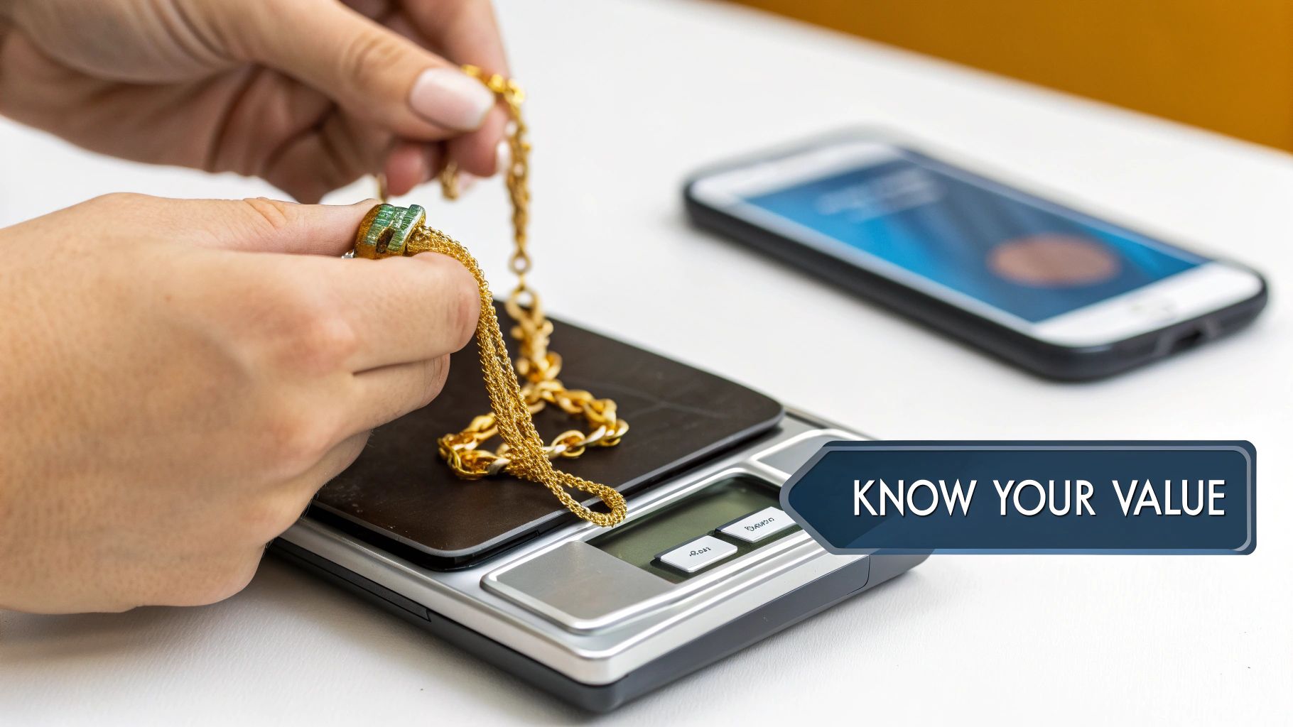 Hands holding a gold chain and a ring with green stones, weighing them on a digital scale.