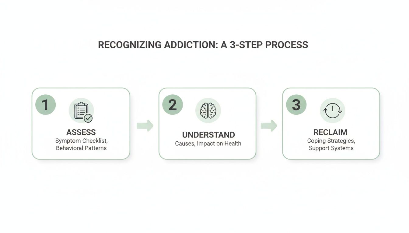 Infographic outlining a 3-step process for recognizing addiction: Assess symptoms, Understand causes, Reclaim with coping strategies.