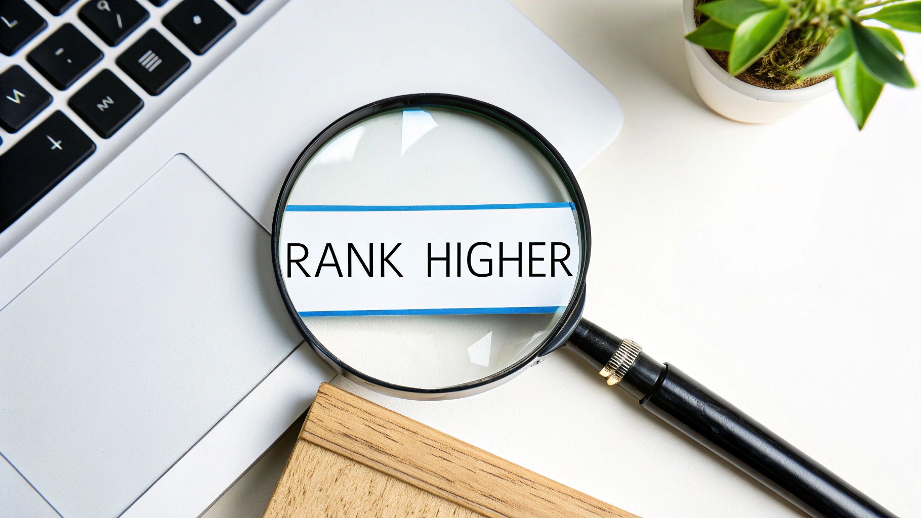A magnifying glass highlights the words 'RANK HIGHER' on a paper, on a white desk with a laptop.