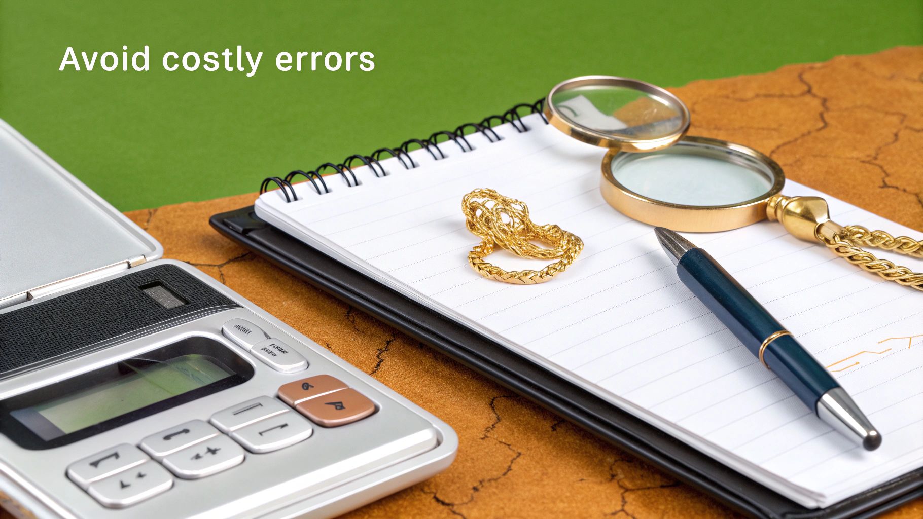 A magnifying glass hovering over gold jewelry, highlighting the importance of detail in valuation.