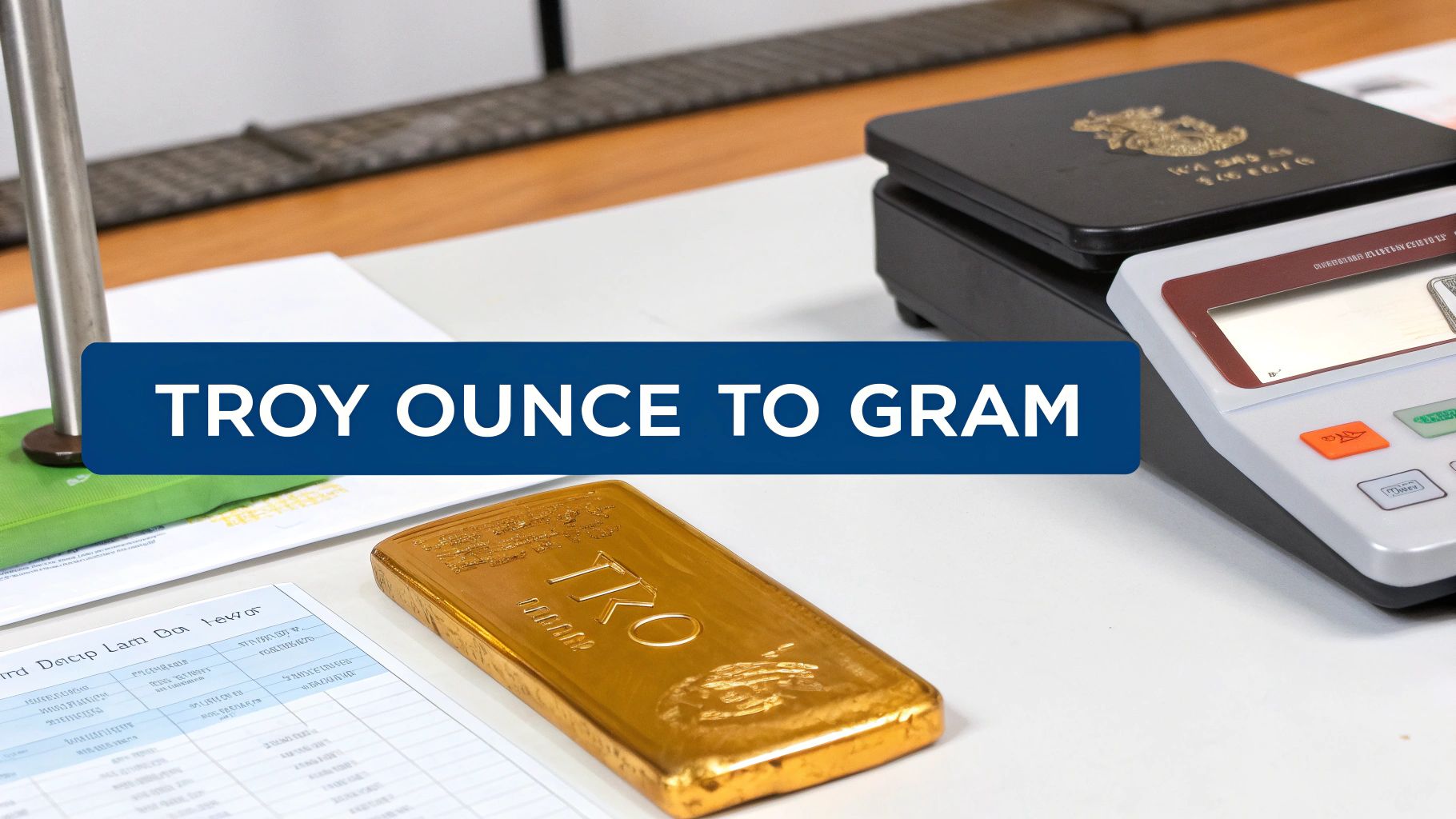A gold bar and a digital scale on a white table with a blue banner displaying 'TROY OUNCE TO GRAM'.