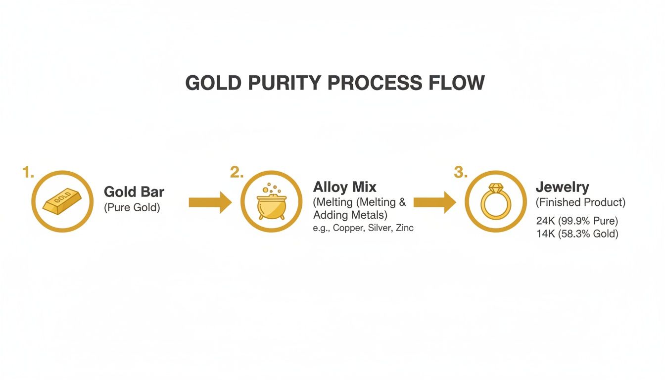 A diagram illustrating the gold purity process flow from pure gold bars to various jewelry carats.