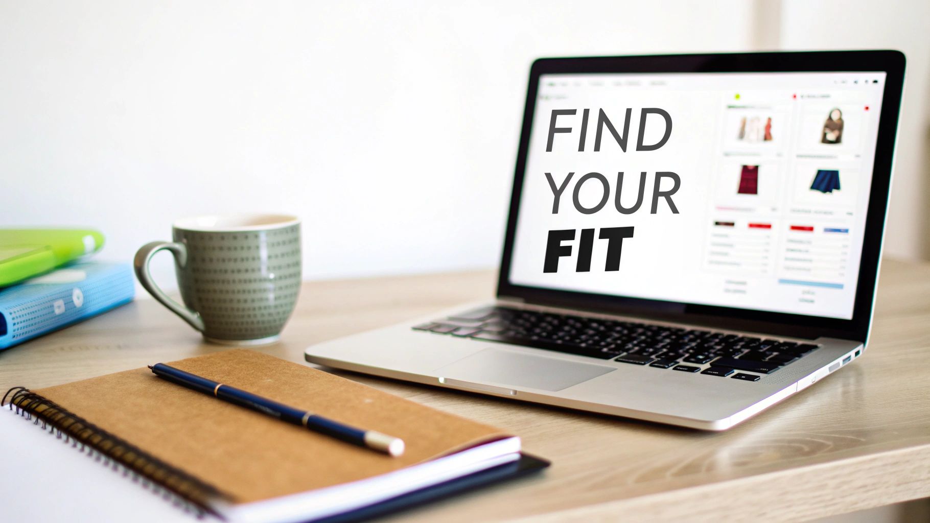 Laptop displaying 'FIND YOUR FIT' on an e-commerce site, with a mug and notebook on a wooden desk.