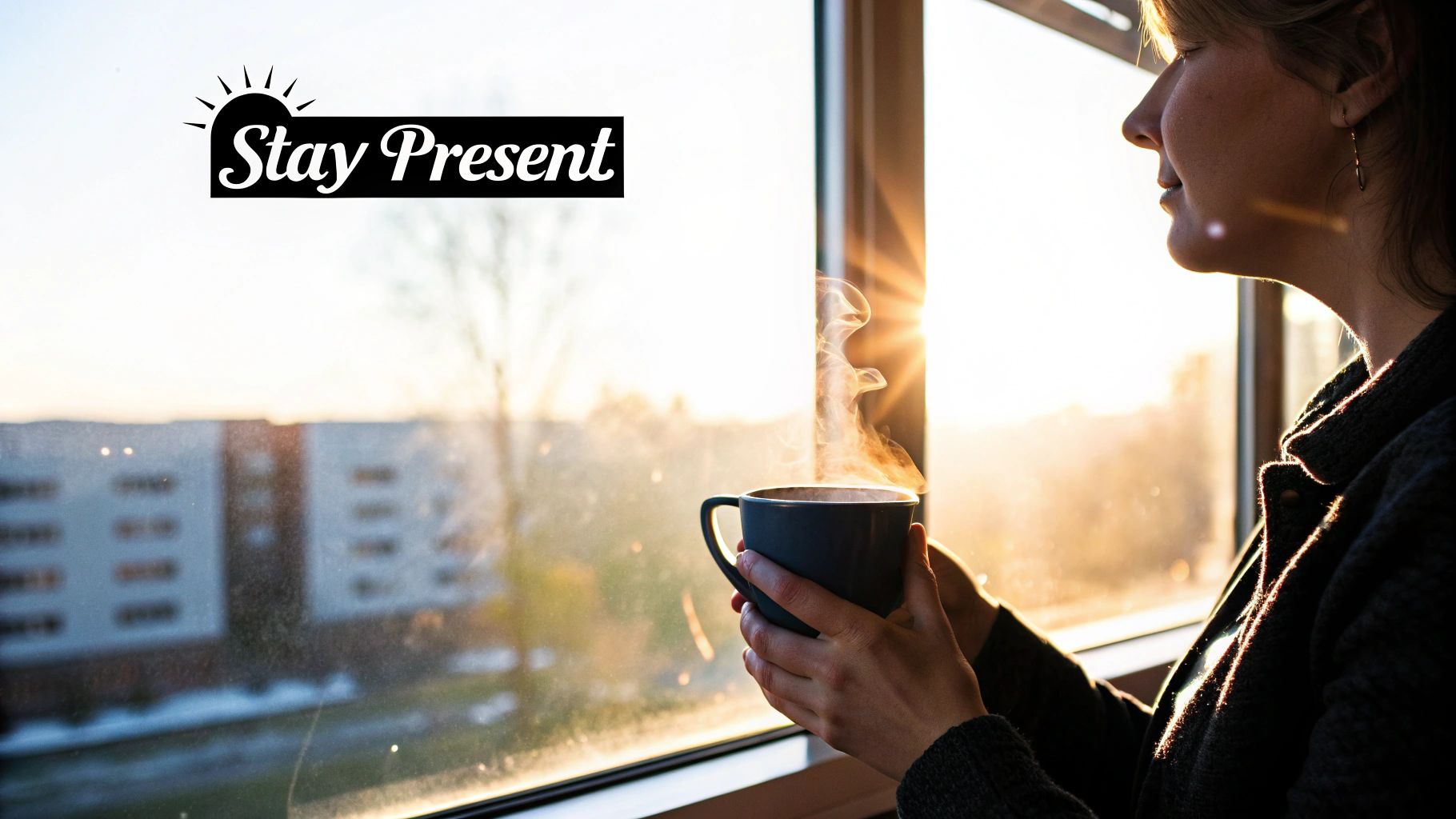 A person mindfully holding a warm cup of coffee, with steam gently rising, in a cozy, sunlit kitchen setting.