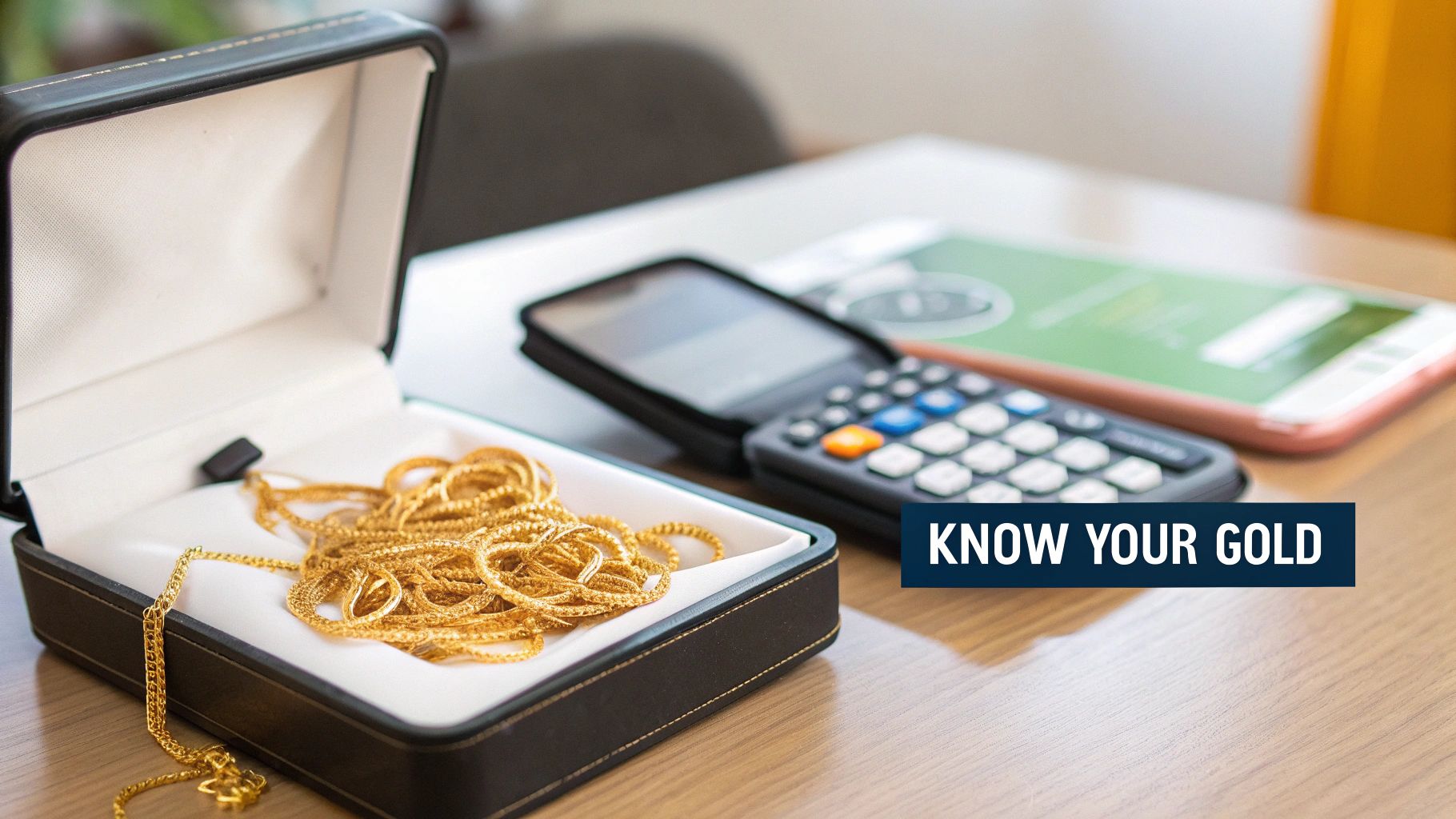 Gold chains in an open jewelry box on a wooden table, with a calculator and phone.
