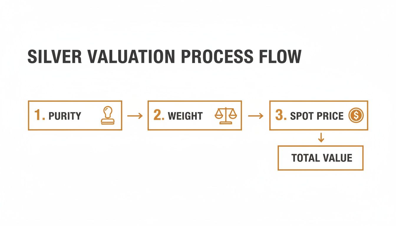 A flow chart illustrating the silver valuation process: Purity, Weight, and Spot Price lead to Total Value.