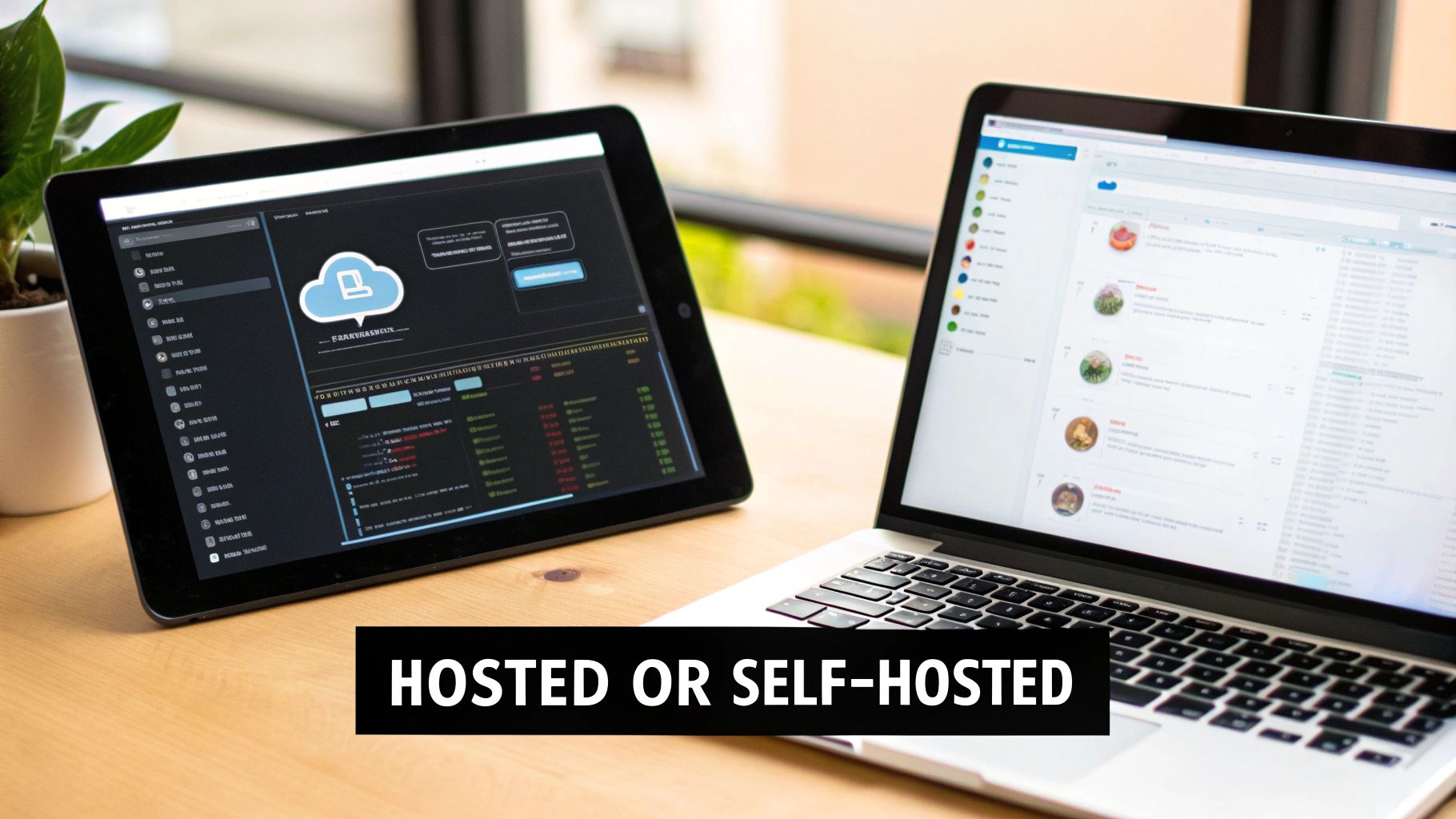 A tablet and a laptop on a desk, with text 'HOSTED OR SELF-HOSTED' about cloud computing.