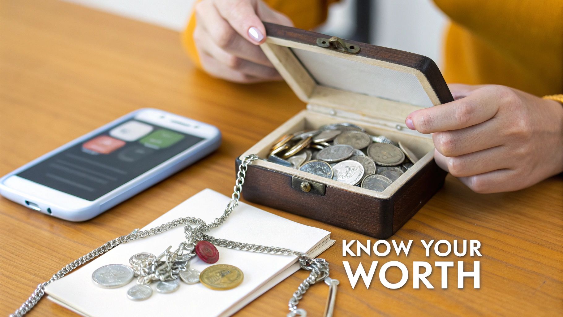 Hands opening a small wooden box filled with old silver coins, with a smartphone and jewelry on a table.