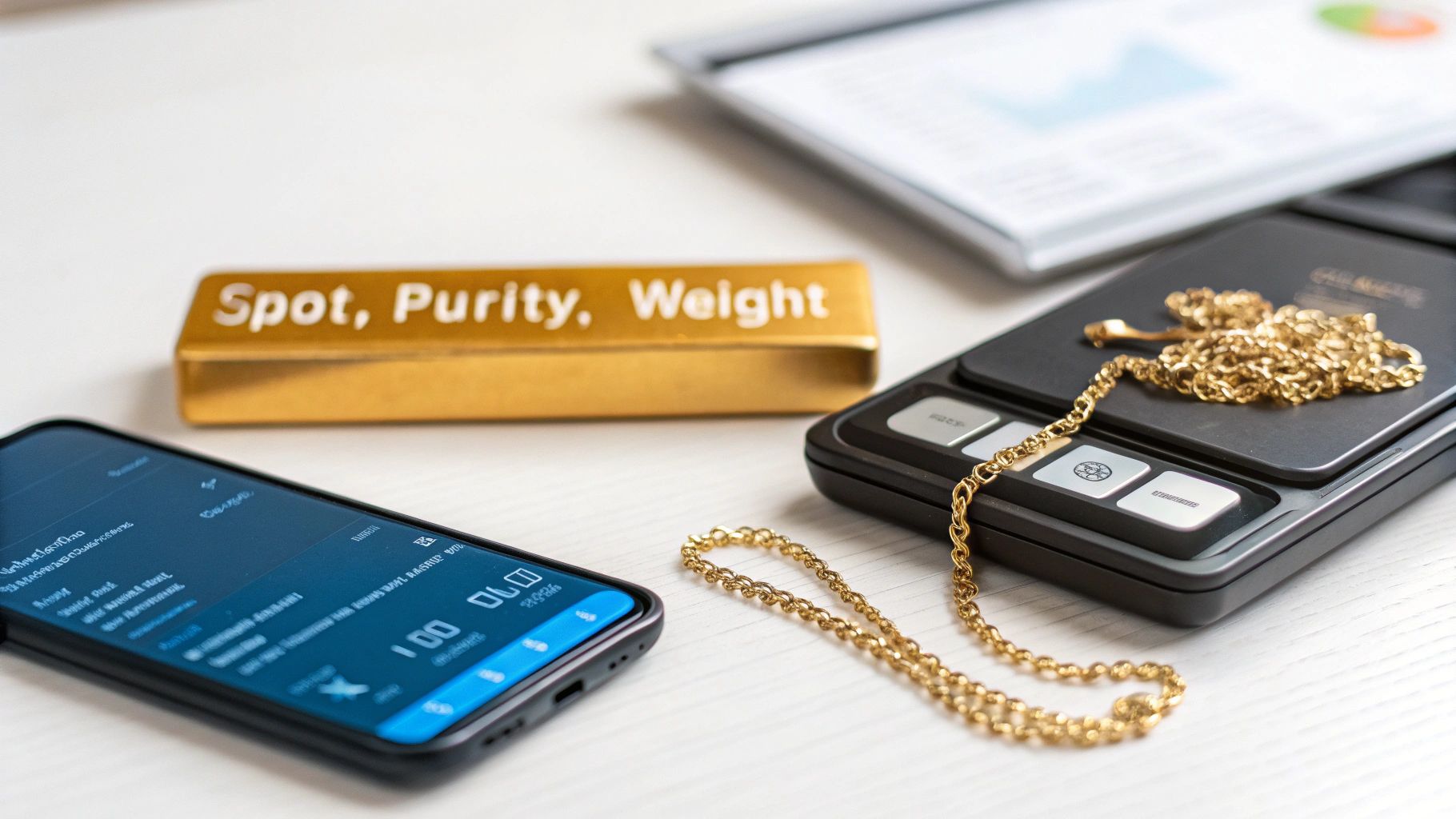 Gold valuation setup with a smartphone, 'Spot, Purity, Weight' bar, scale and gold chain.