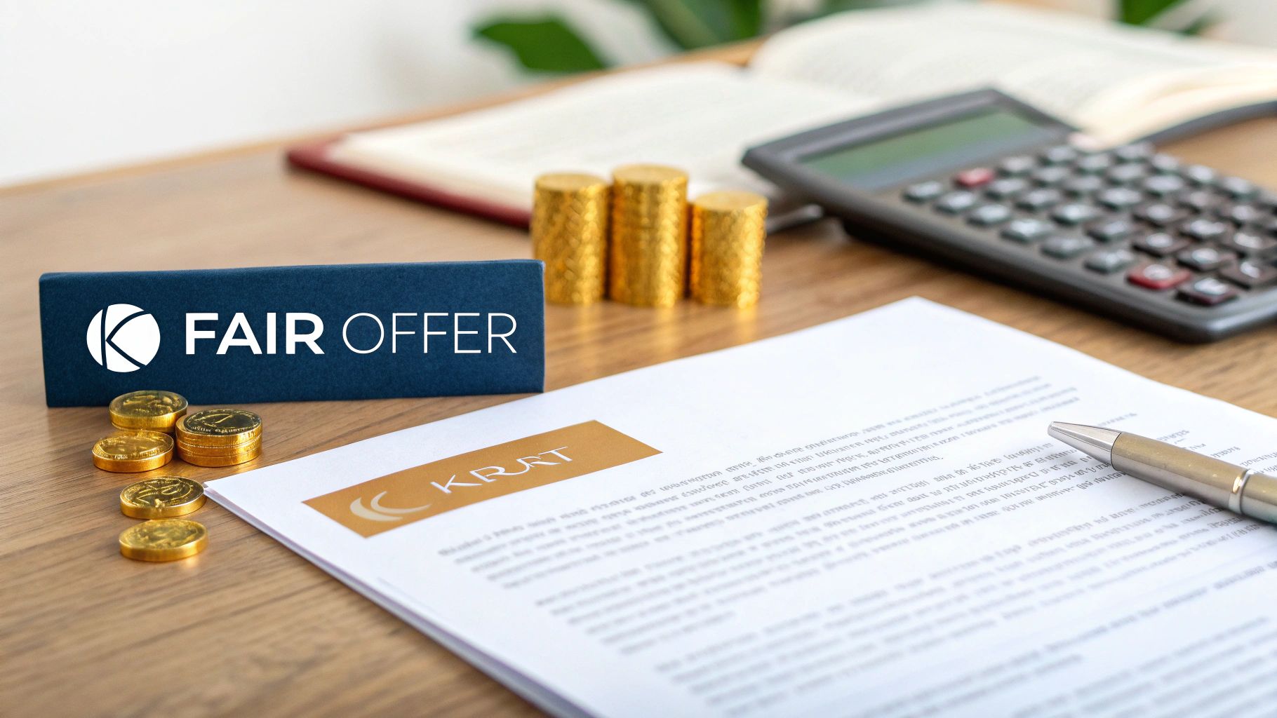 A desk with a 'FAIR OFFER' sign, gold coins, a document, pen, and calculator.