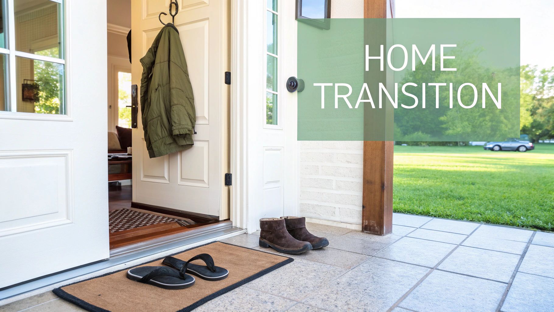 Open front door of a home with shoes on the welcome mat, symbolizing a transition.