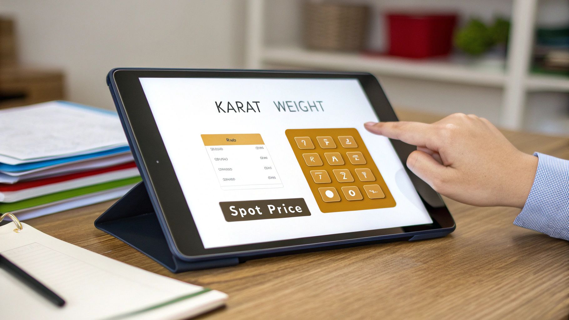 A person's hand interacting with a tablet displaying a karat weight calculator and spot price.