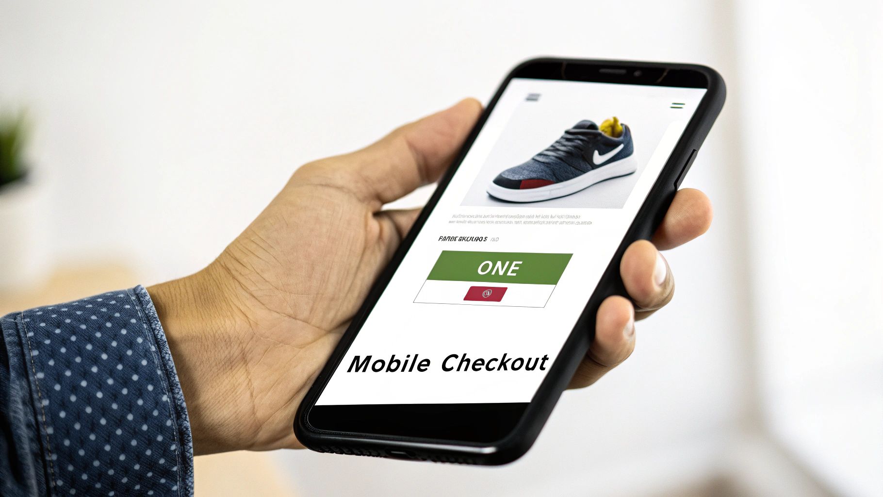 A hand holds a smartphone displaying a mobile checkout page with a shoe and 'ONE' button.