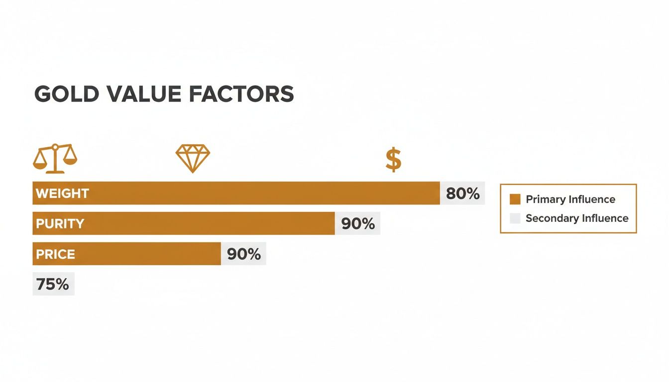 Infographic displaying gold value factors: weight, purity, and price, with their percentage influences.