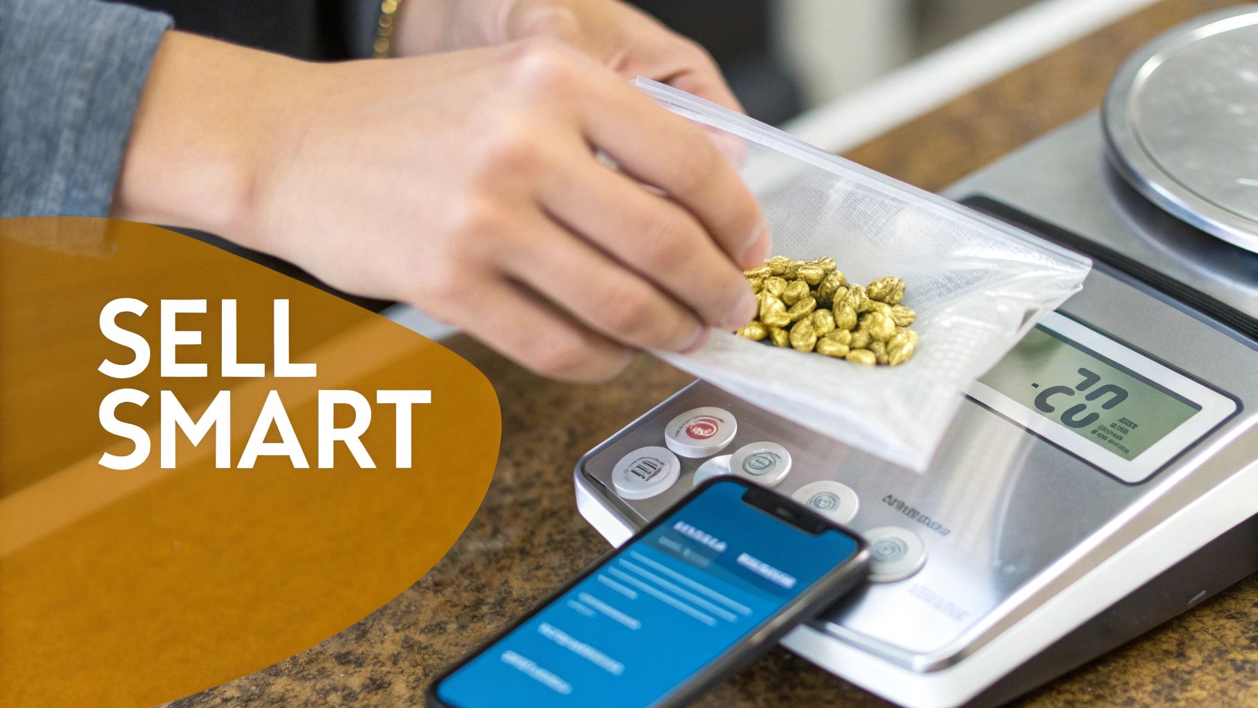 Person weighing a bag of gold nuggets on a digital scale with a smartphone, symbolizing smart selling.