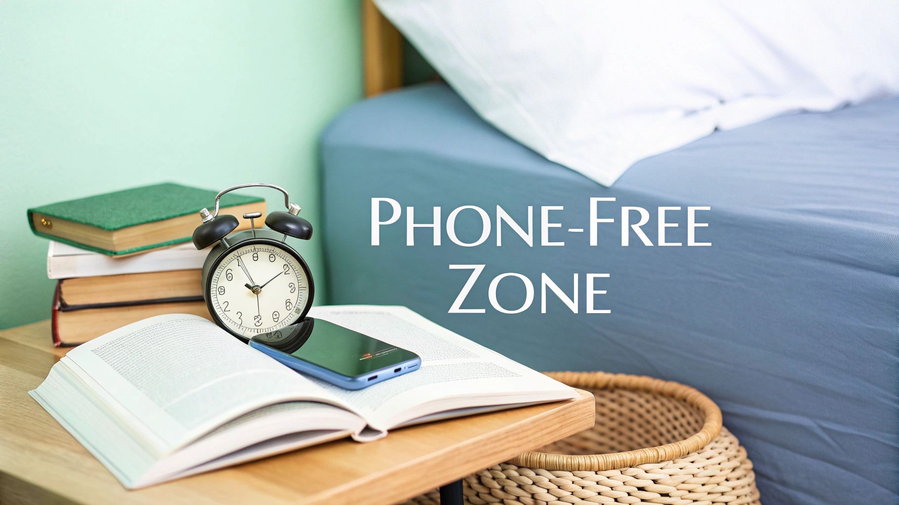 An alarm clock, books, and a smartphone on a bedside table, promoting a phone-free zone.