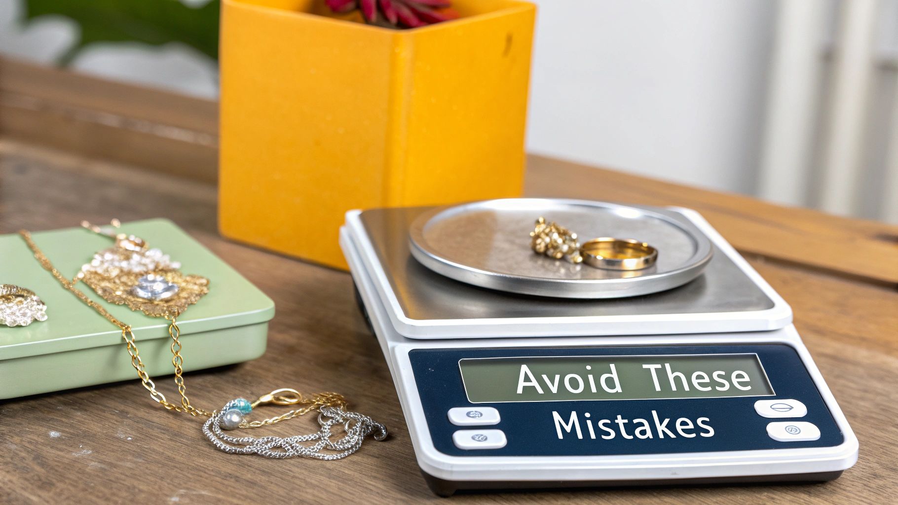 A close-up of a jeweler's hands using tweezers to inspect a gold ring on a scale, with other gold items blurred in the background.