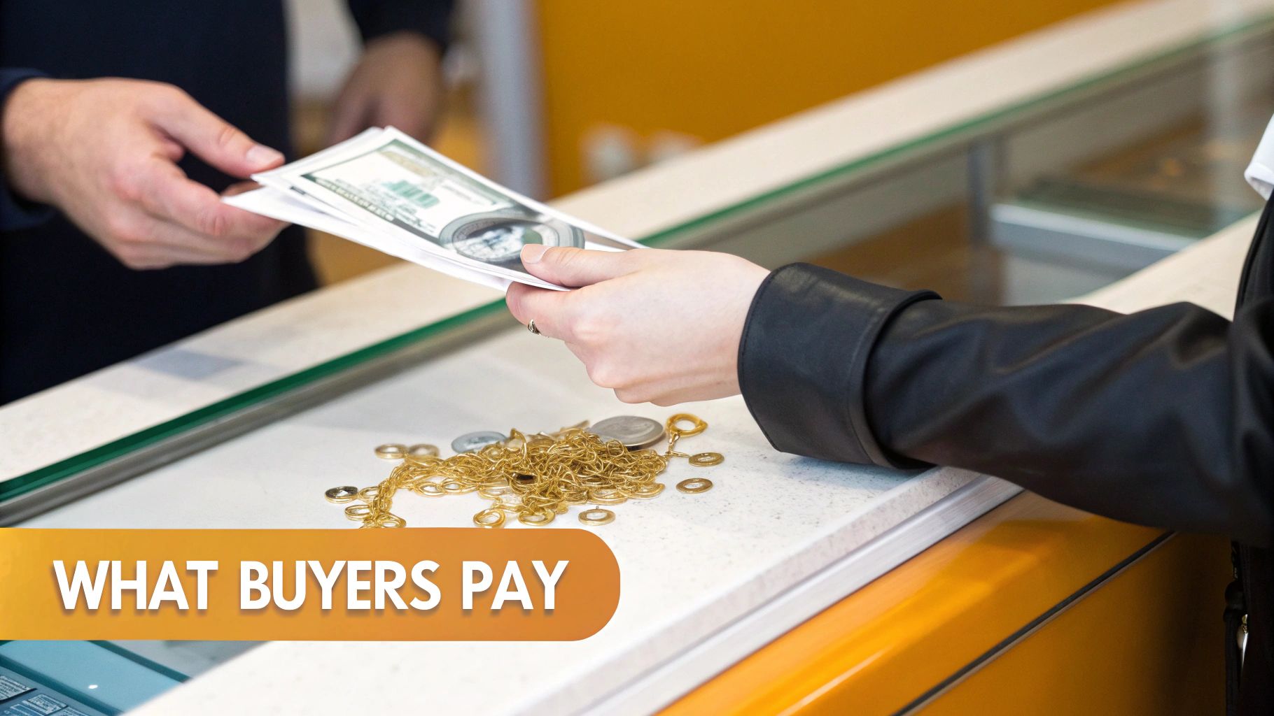 Hands exchanging cash over a counter, with gold jewelry and coins displayed, illustrating a transaction.