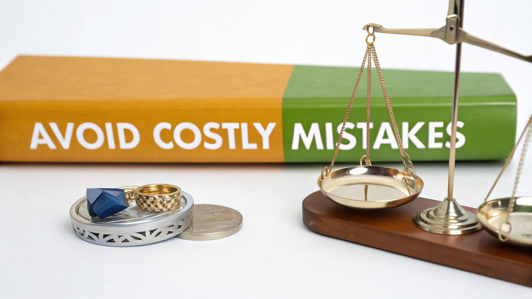 Financial wisdom: 'Avoid Costly Mistakes' book, gold ring, blue gem, coins, and brass scales.