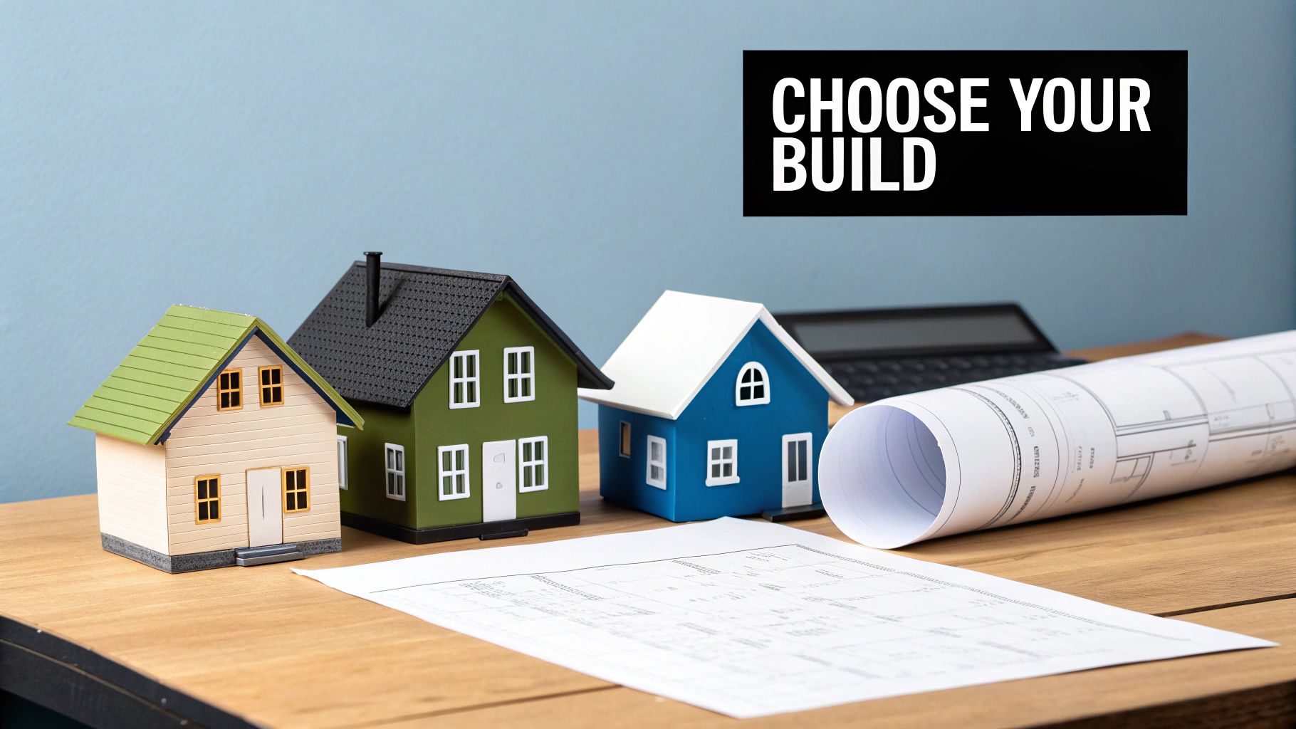 Three miniature houses, blueprints, and a calculator on a desk with 'CHOOSE YOUR BUILD' text.