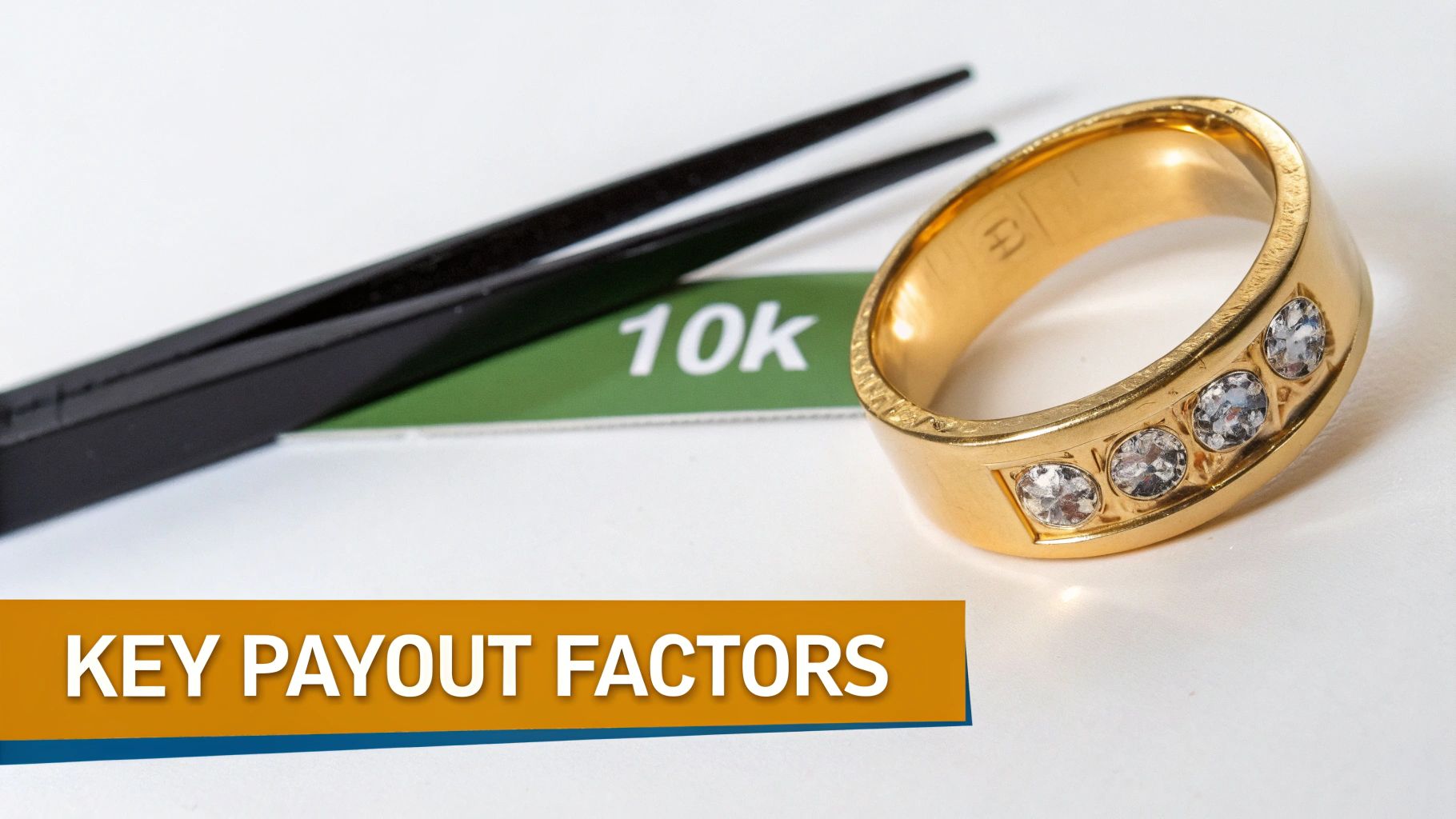 Close-up of a 10k gold diamond ring with tweezers, illustrating key payout factors.