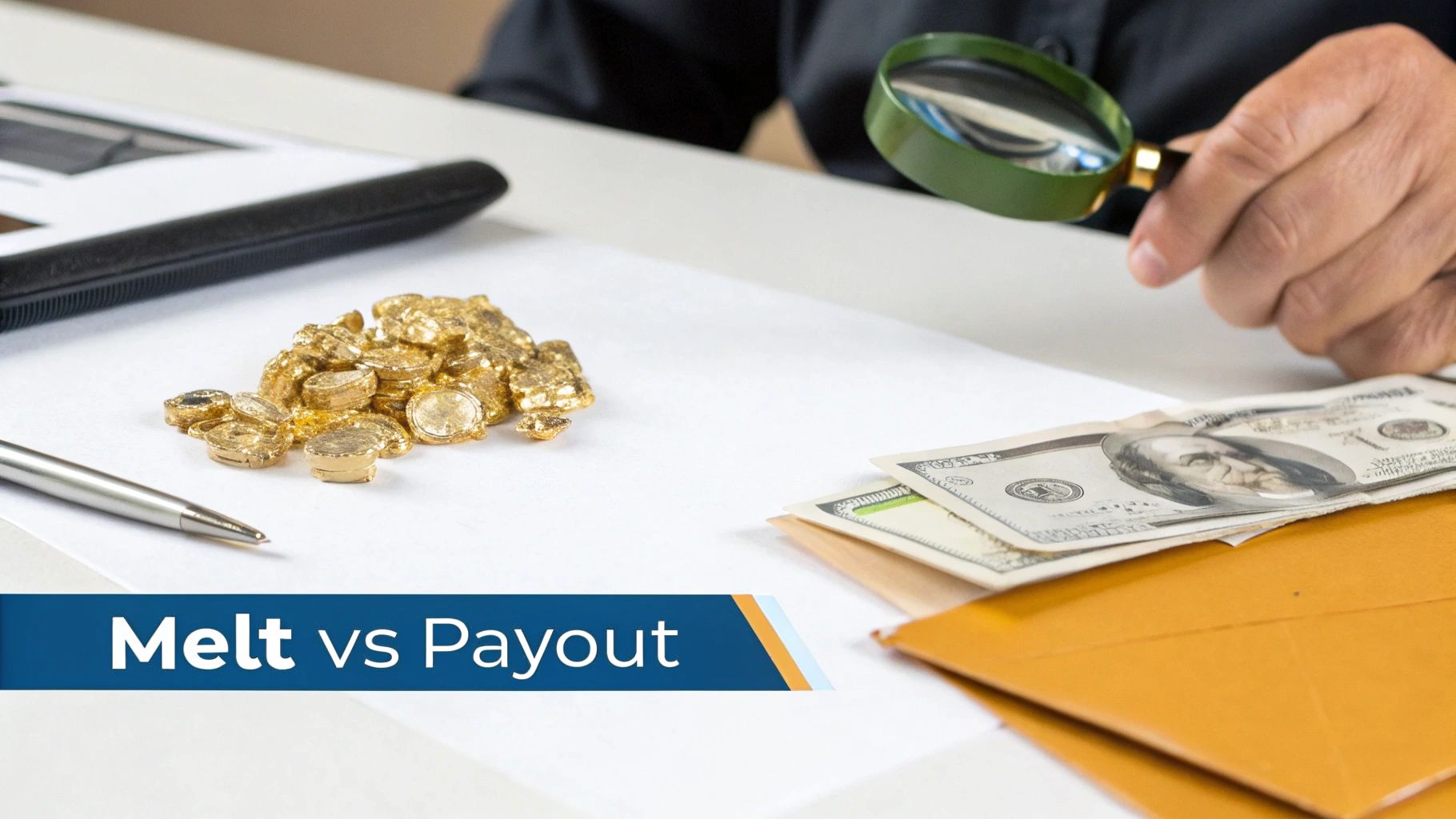 A close-up of a jeweler using tools to inspect a 14k gold ring.