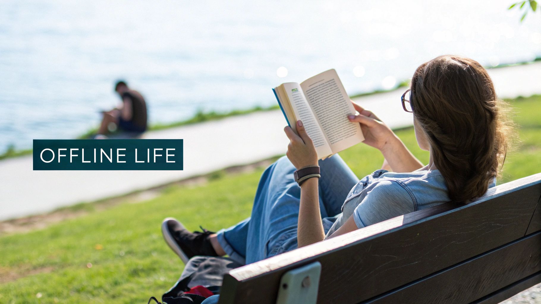 A woman relaxing on a park bench, reading a book by the water, embracing offline life.