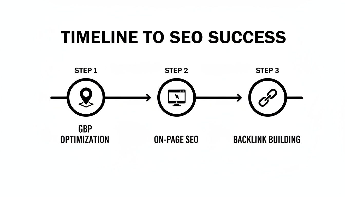 Timeline outlining three steps to SEO success: GBP optimization, on-page SEO, and backlink building.