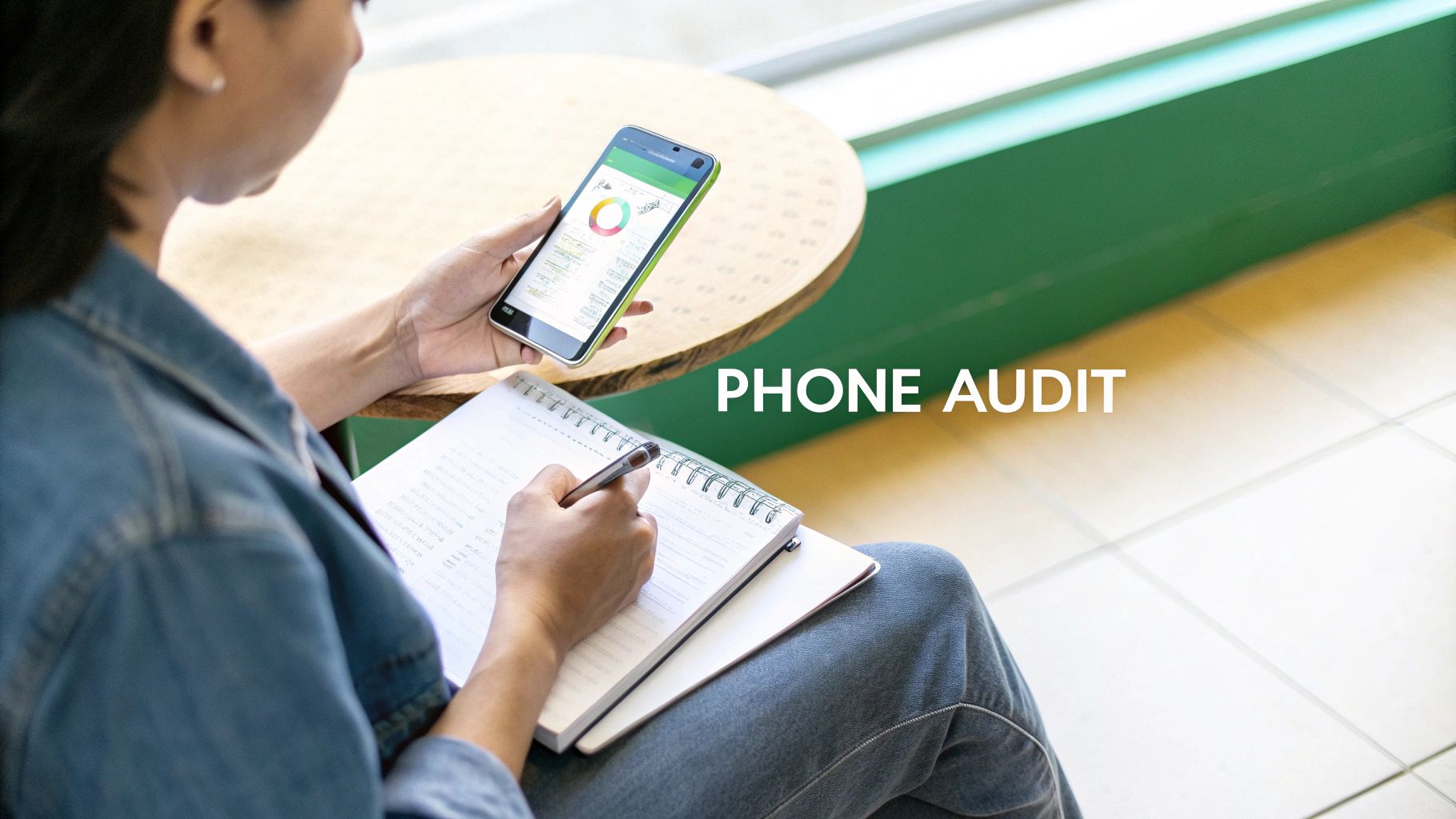 A person audits phone usage, reviewing data on a smartphone and taking notes in a notebook.