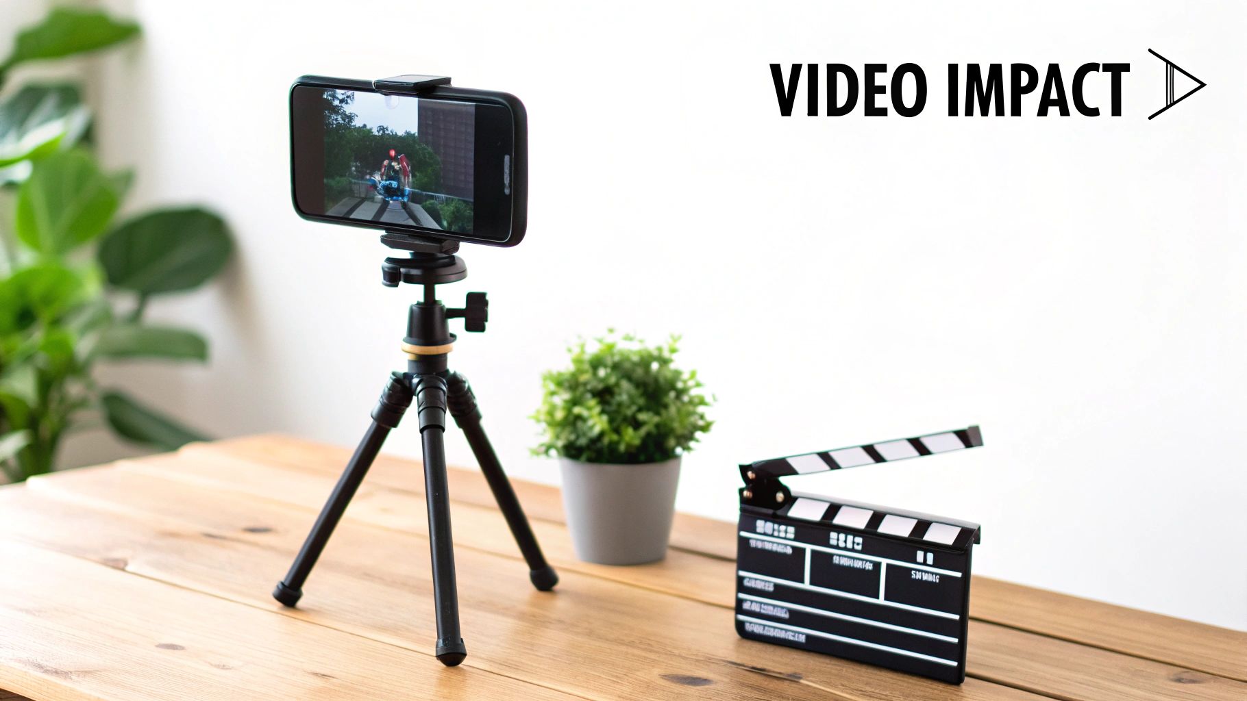 A smartphone on a tripod recording a video, with a clapperboard and 'VIDEO IMPACT' text, illustrating video marketing.