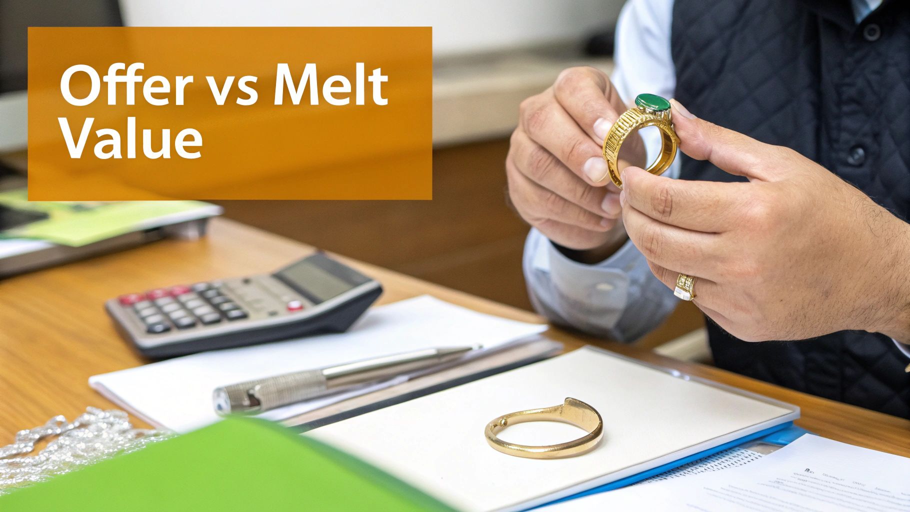 A person's hands examine a gold ring with a green gemstone, evaluating its worth on a desk with a calculator and other jewelry.