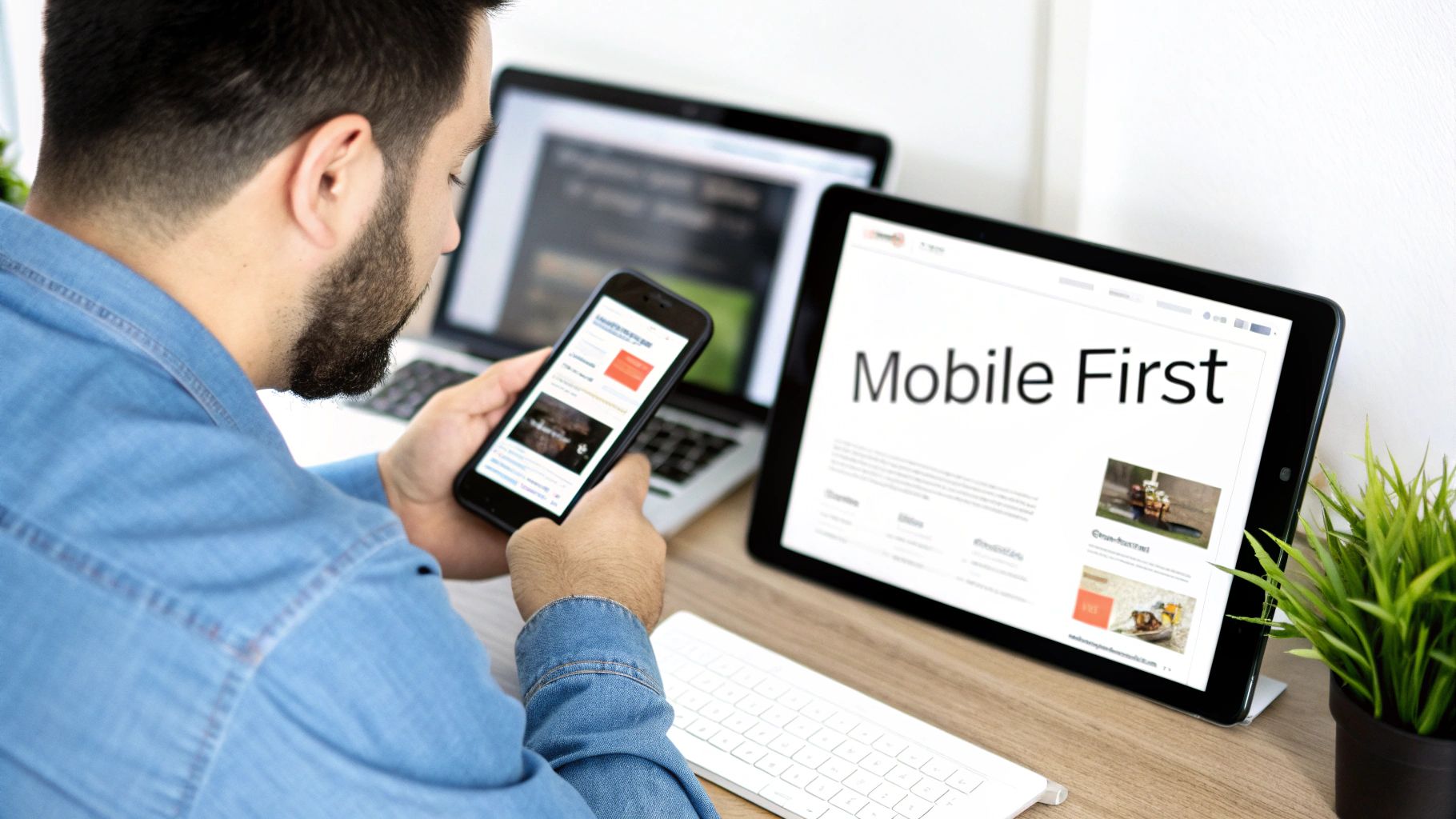 A man views his smartphone while a tablet displays 'Mobile First' and a laptop is open in the background.
