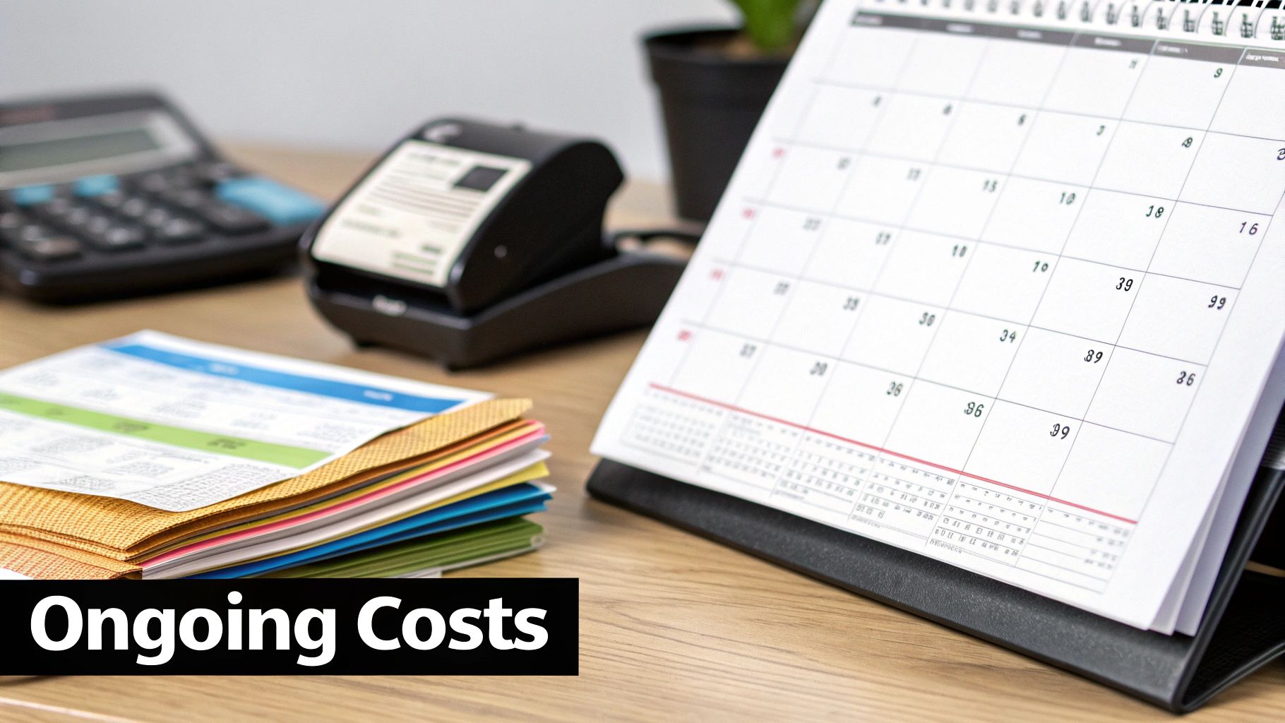 A desk with financial documents, a calculator, a receipt printer, and a calendar, representing ongoing costs.