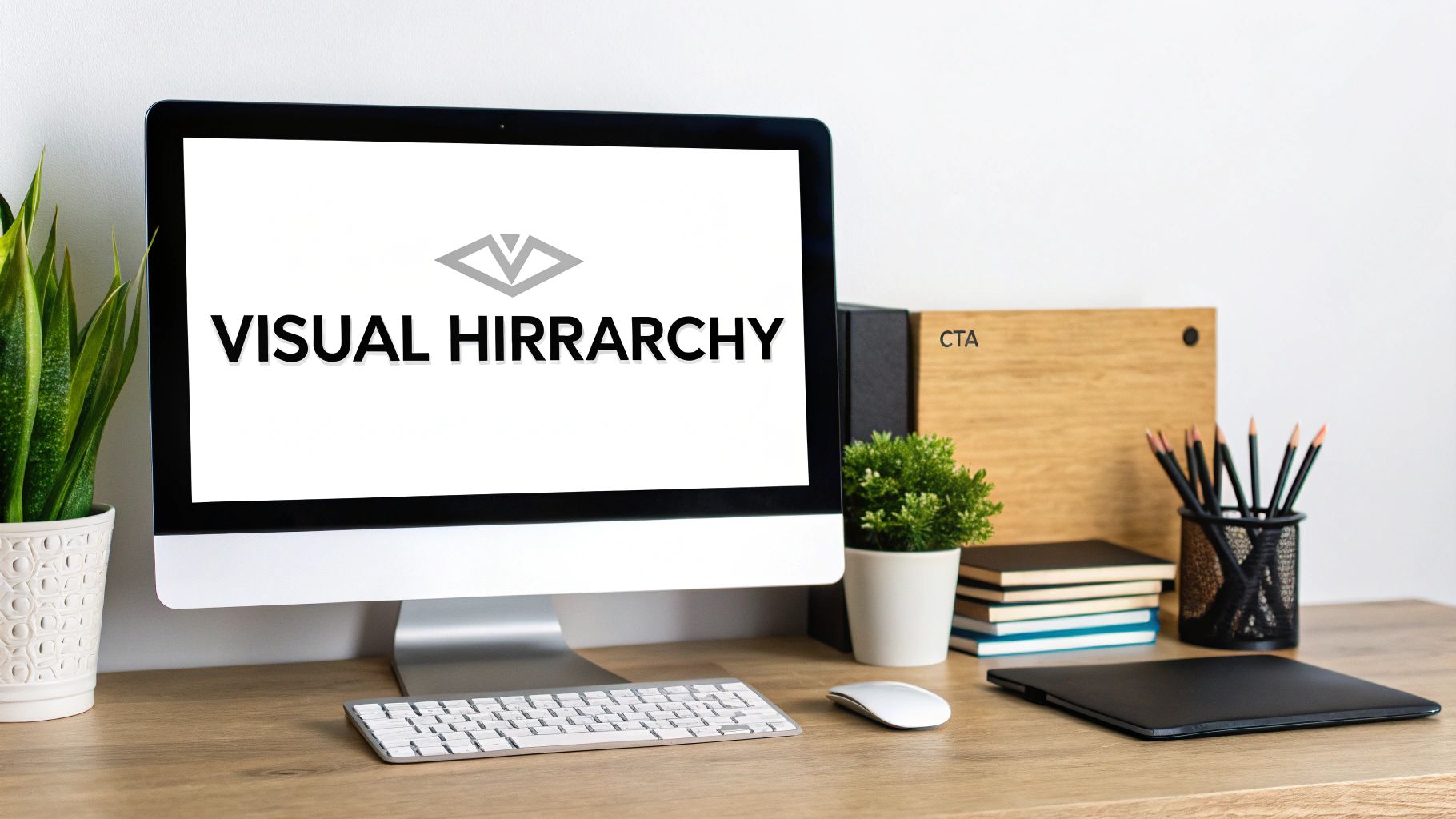 Modern workspace with a computer displaying 'VISUAL HIERARCHY', keyboard, mouse, plants, and books on a wooden desk.