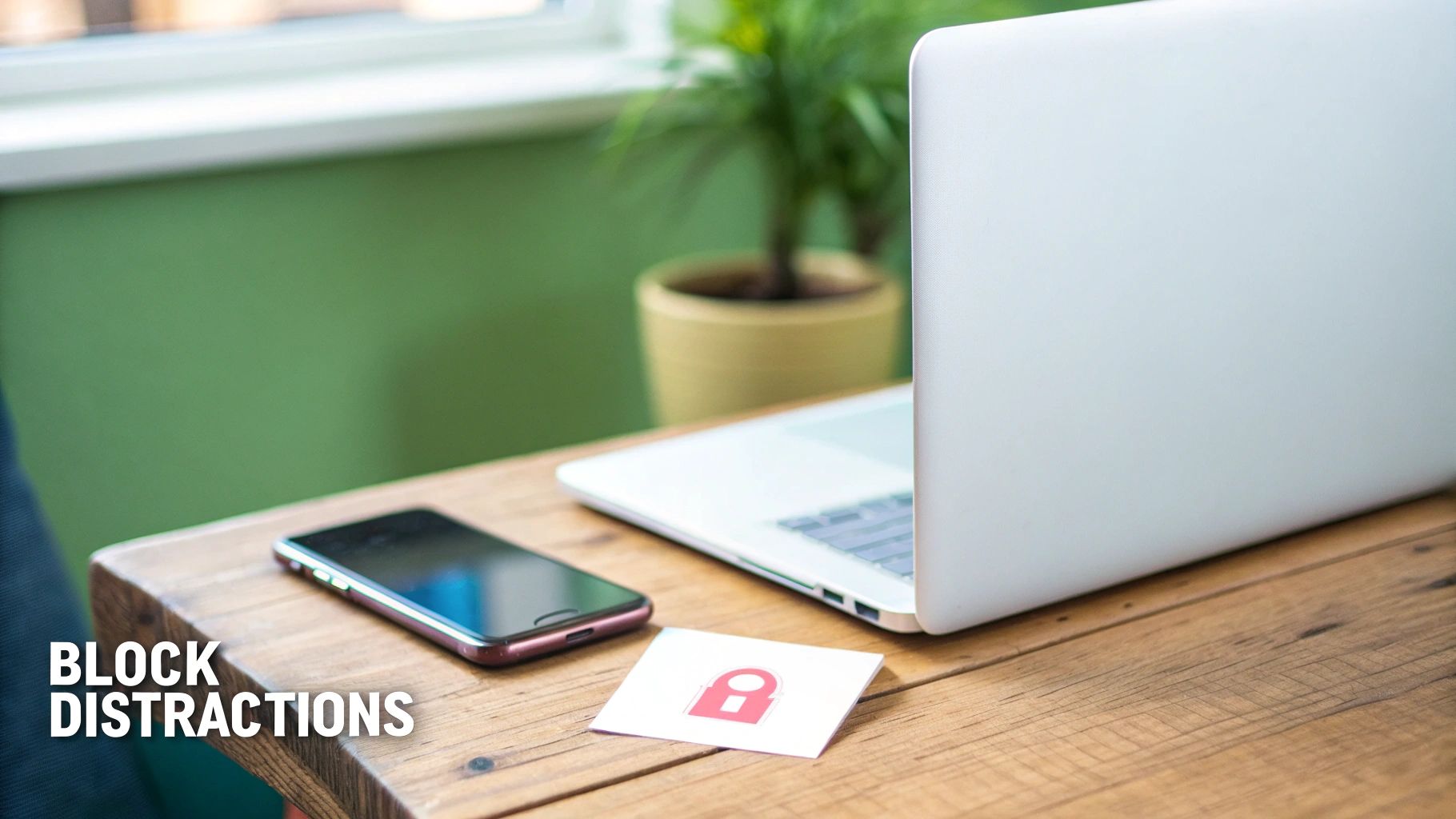 A desk with a laptop, smartphone, and a lock icon card, illustrating blocking distractions.