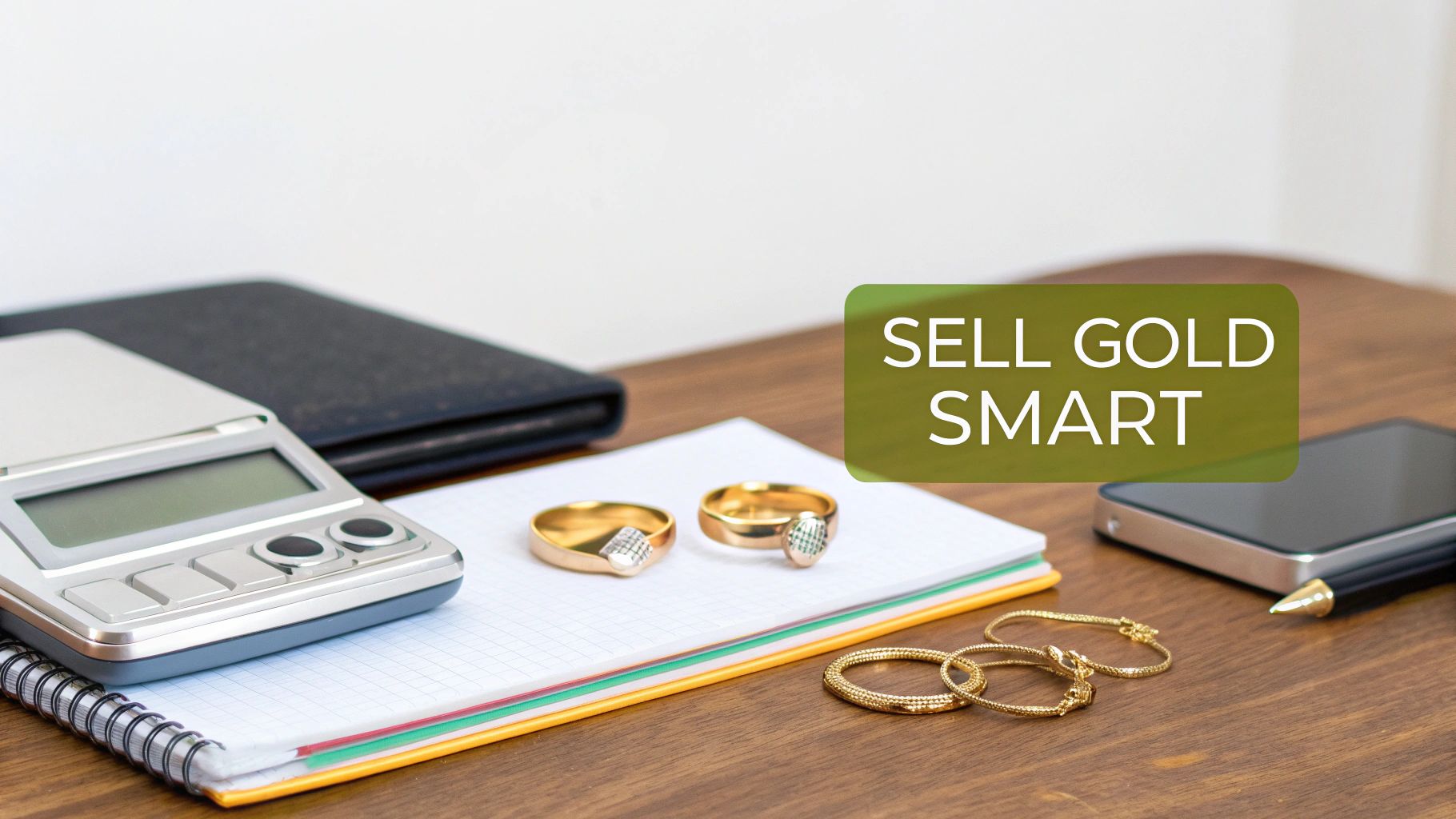 Gold jewelry, including rings and bracelets, laid out on a dark surface, being inspected for sale.