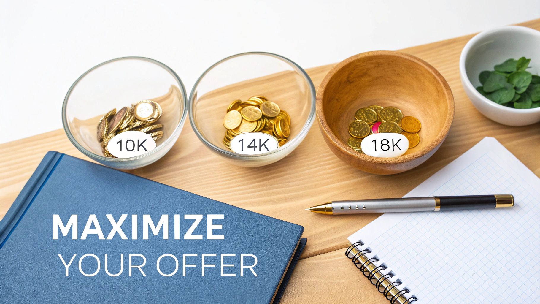 Three bowls of gold coins (10K, 14K, 18K) next to a book titled 'MAXIMIZE YOUR OFFER'.