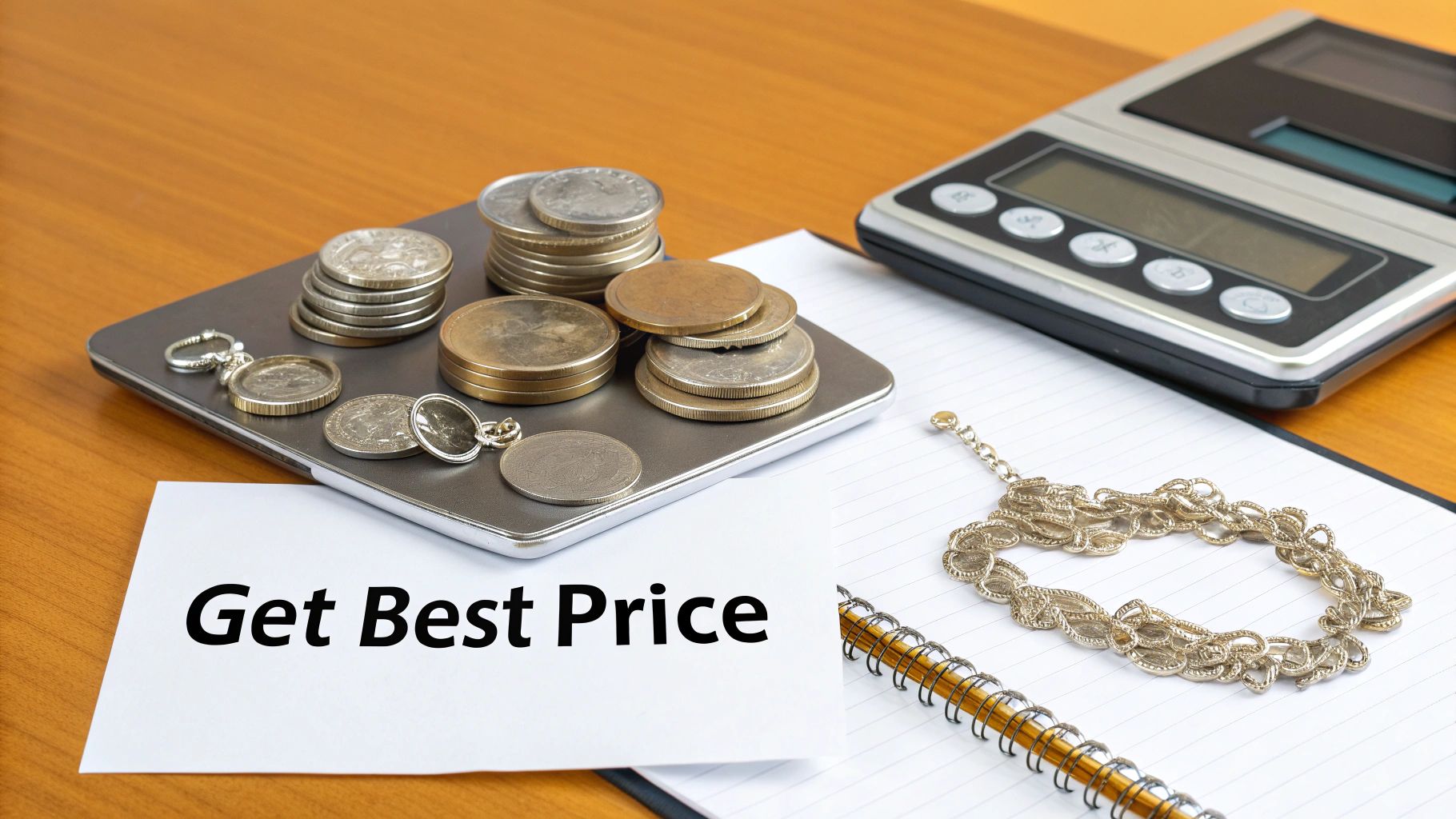Coins, rings, and a bracelet on a jewelry scale next to a digital scale and a 'Get Best Price' card.
