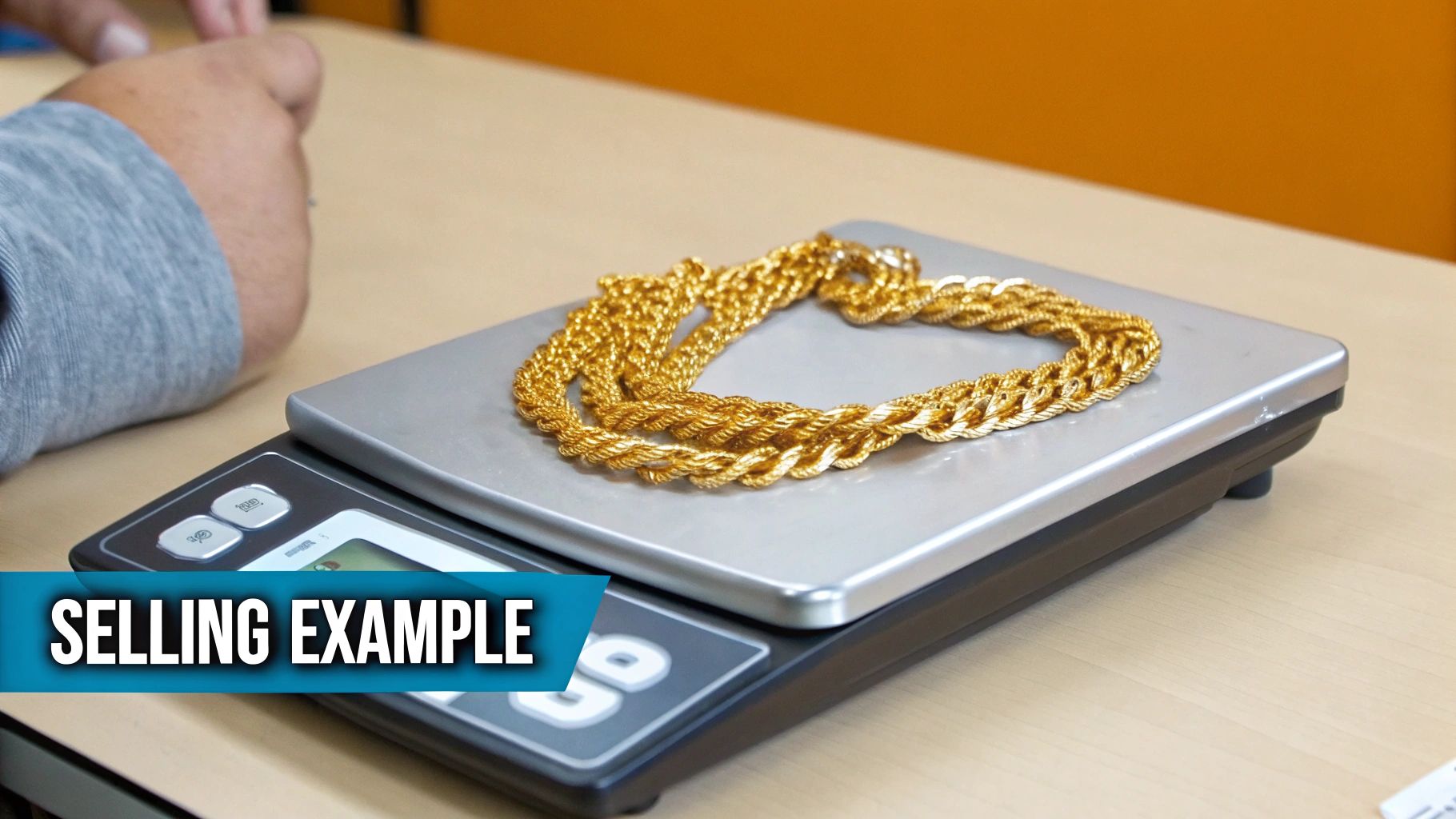 A person weighs a golden chain on a digital scale, illustrating a selling example.
