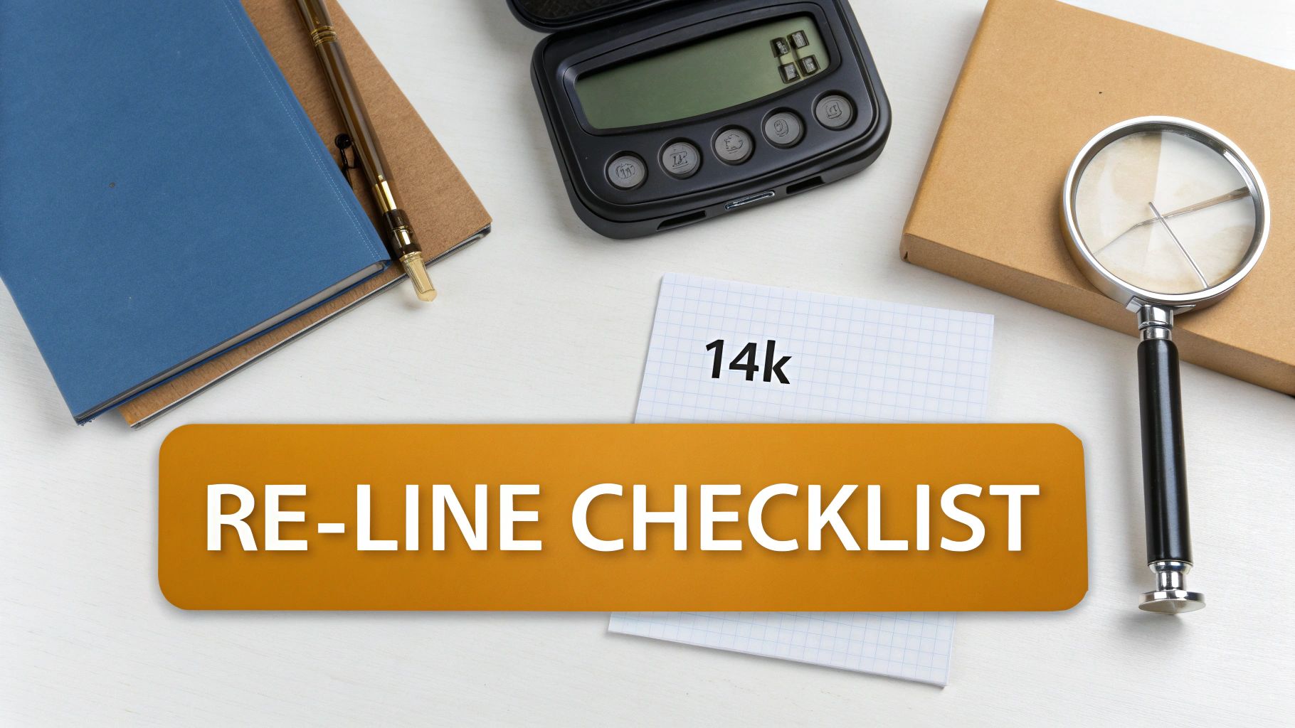 A desk flat lay with a calculator, magnifying glass, and '14k' note, suggesting gold value.