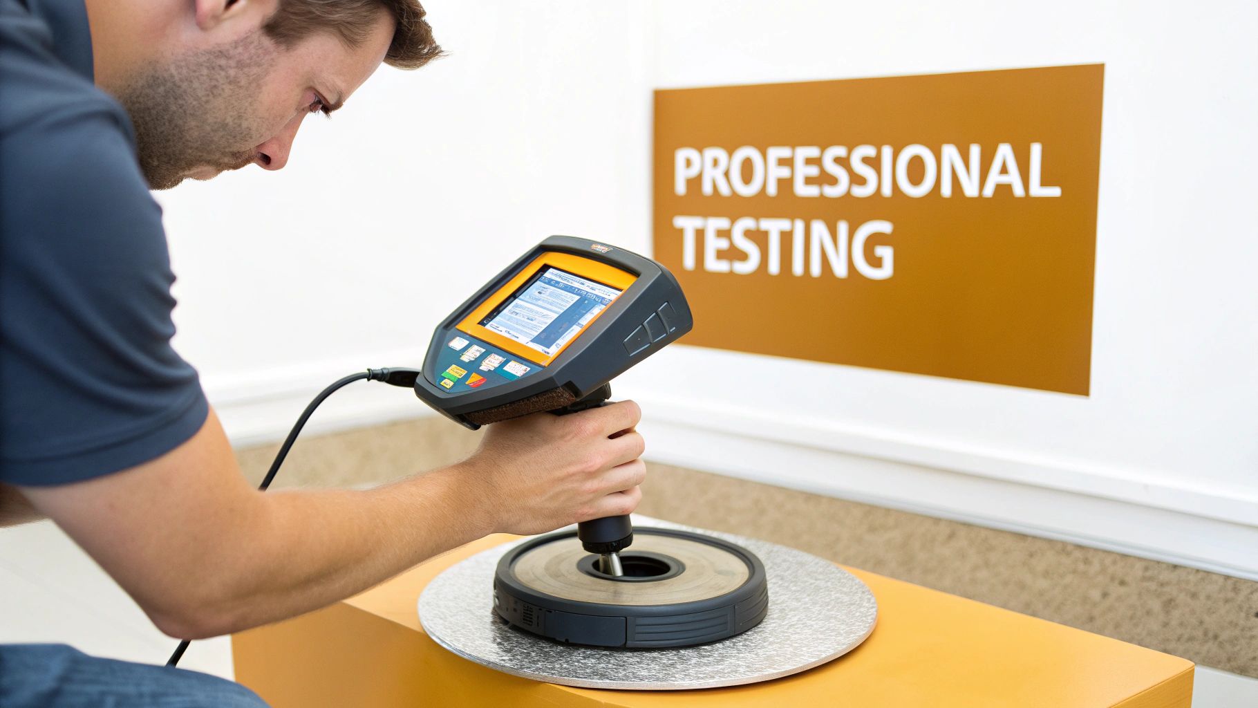 A professional using an XRF analyzer gun to test a gold bar