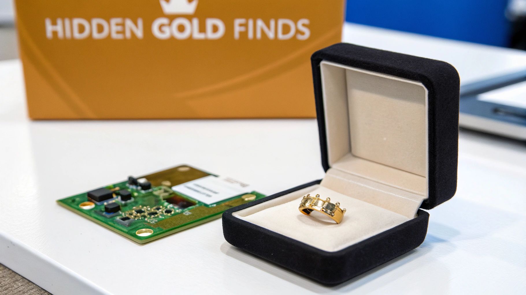 A gold crown ring in an open black jewelry box next to a circuit board and a 'Hidden Gold Finds' box.