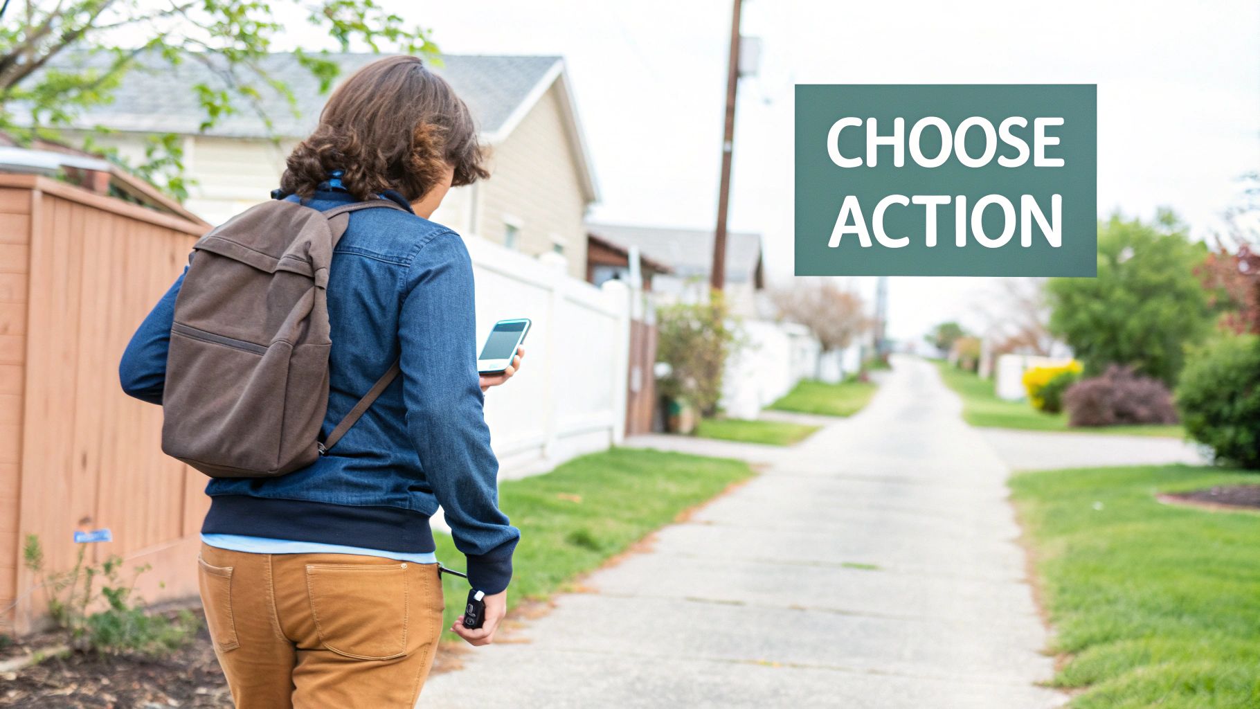 Back view of a person walking, using a phone, with "CHOOSE ACTION" text overlay.