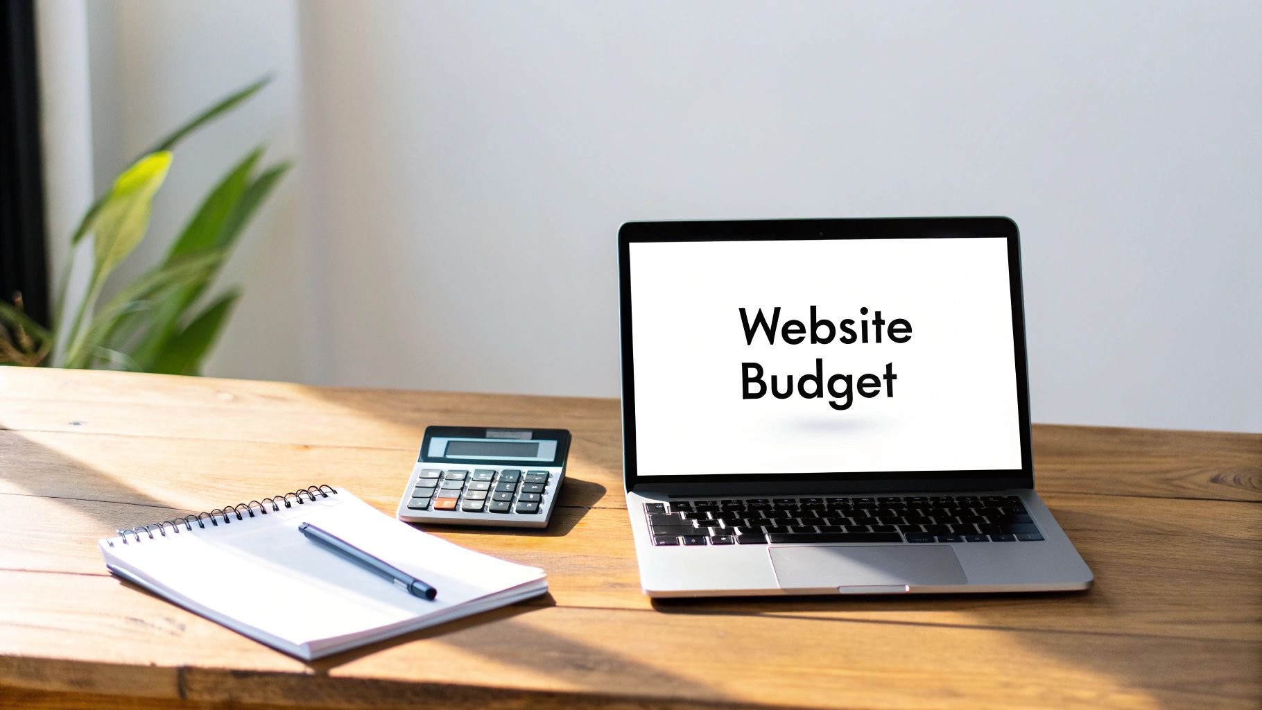 Laptop screen showing 'Website Budget' next to a calculator and notebook on a wooden desk.