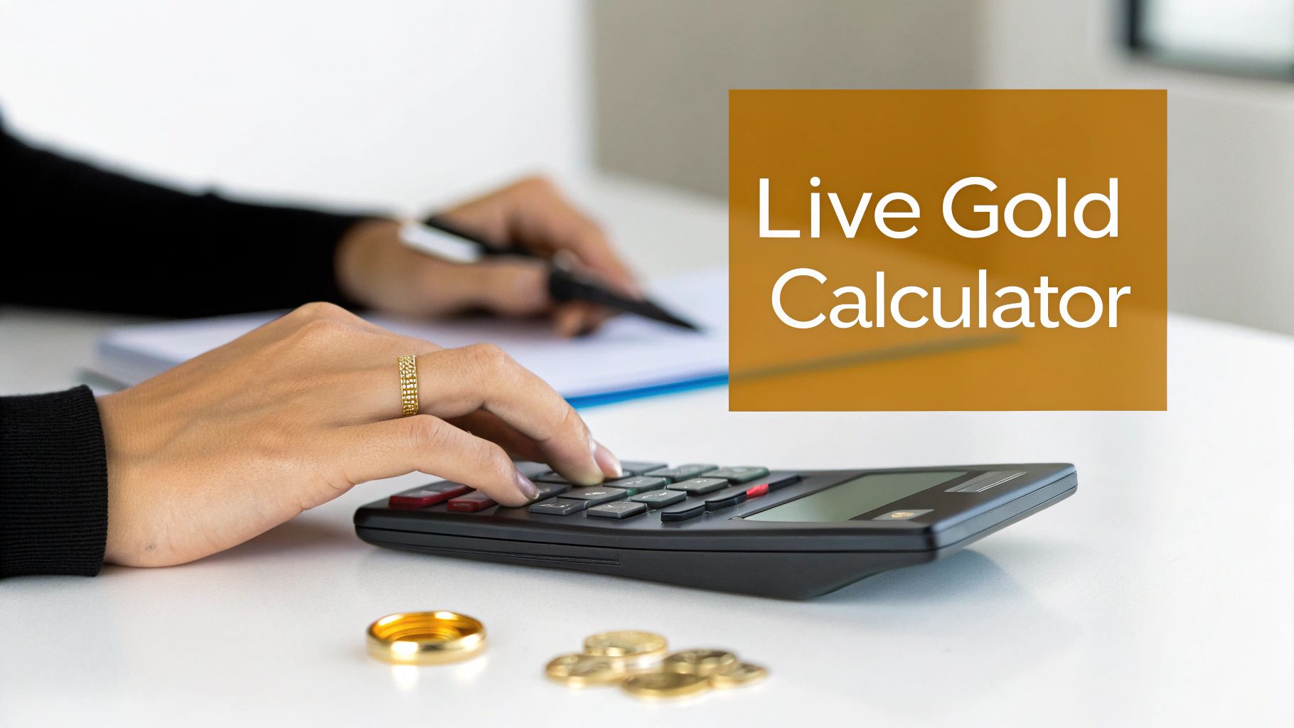 Close-up of a hand using a calculator to determine live gold value, with gold items nearby.
