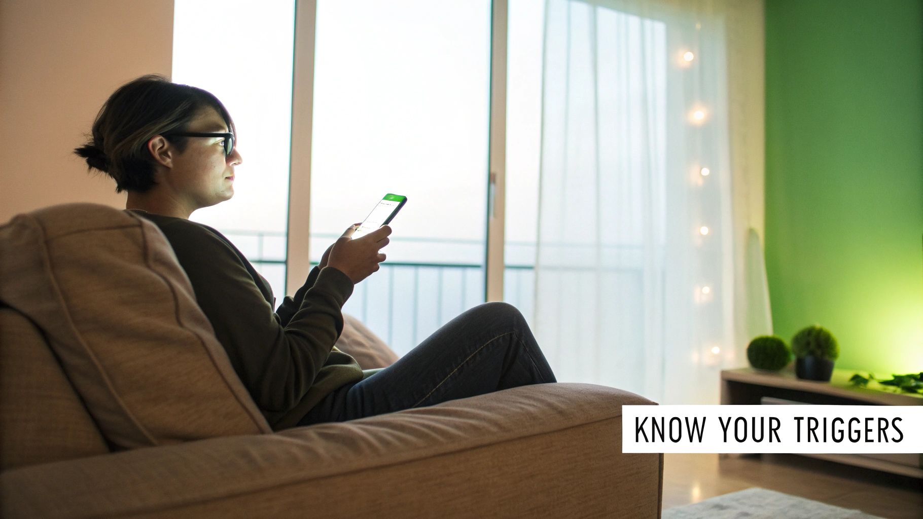 A person wearing glasses sits on a couch, engrossed in their smartphone by a bright window.