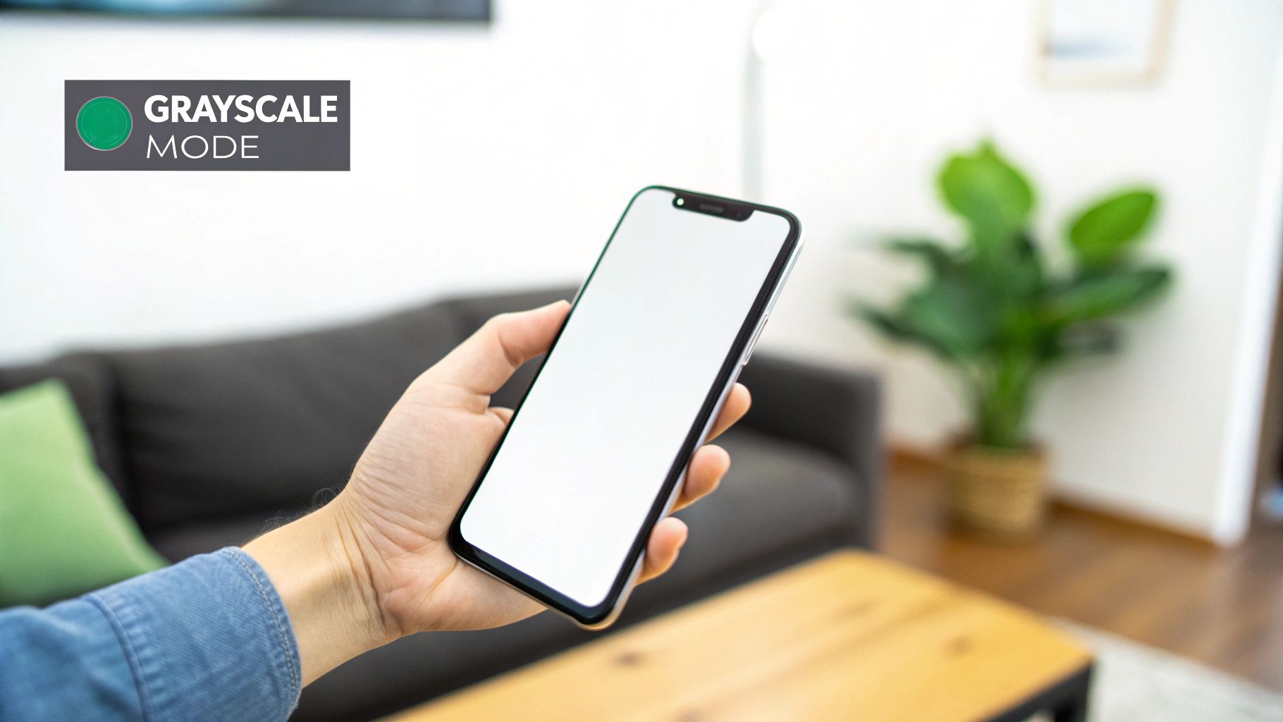 Person holding smartphone with blank white screen displaying grayscale mode accessibility feature at home