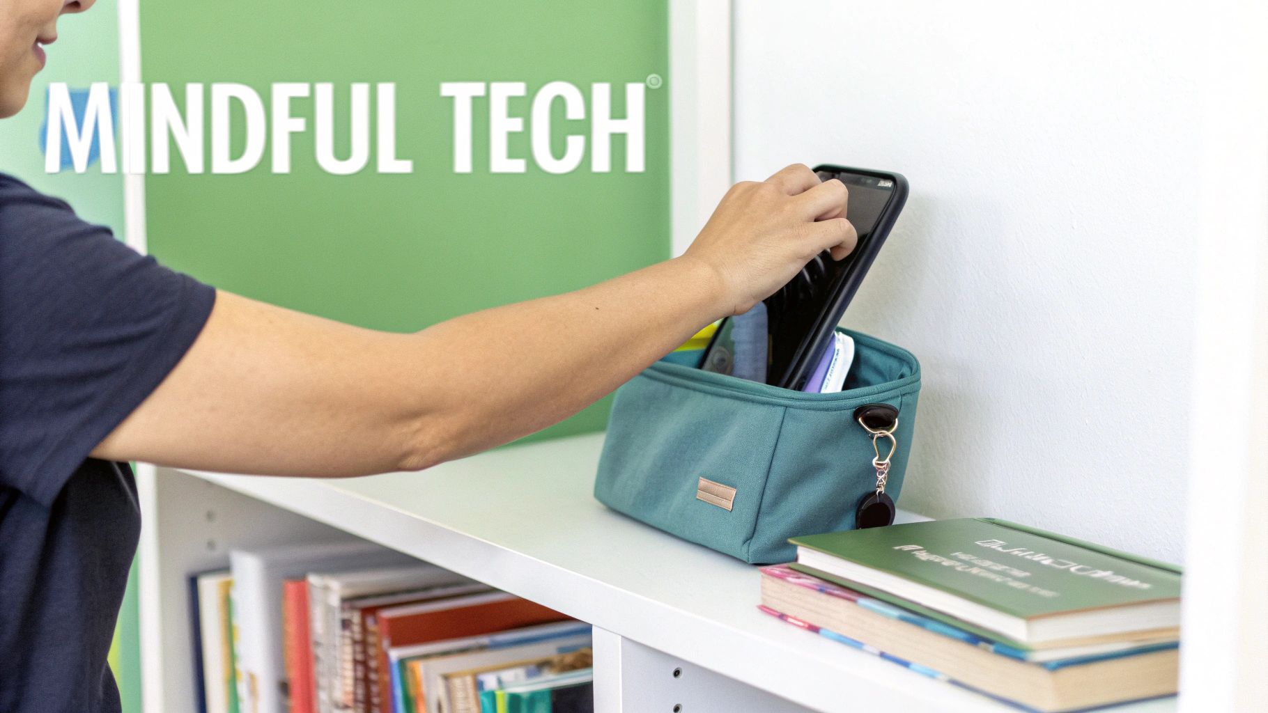 Person placing tablet device into teal storage pouch on shelf for mindful tech digital detox