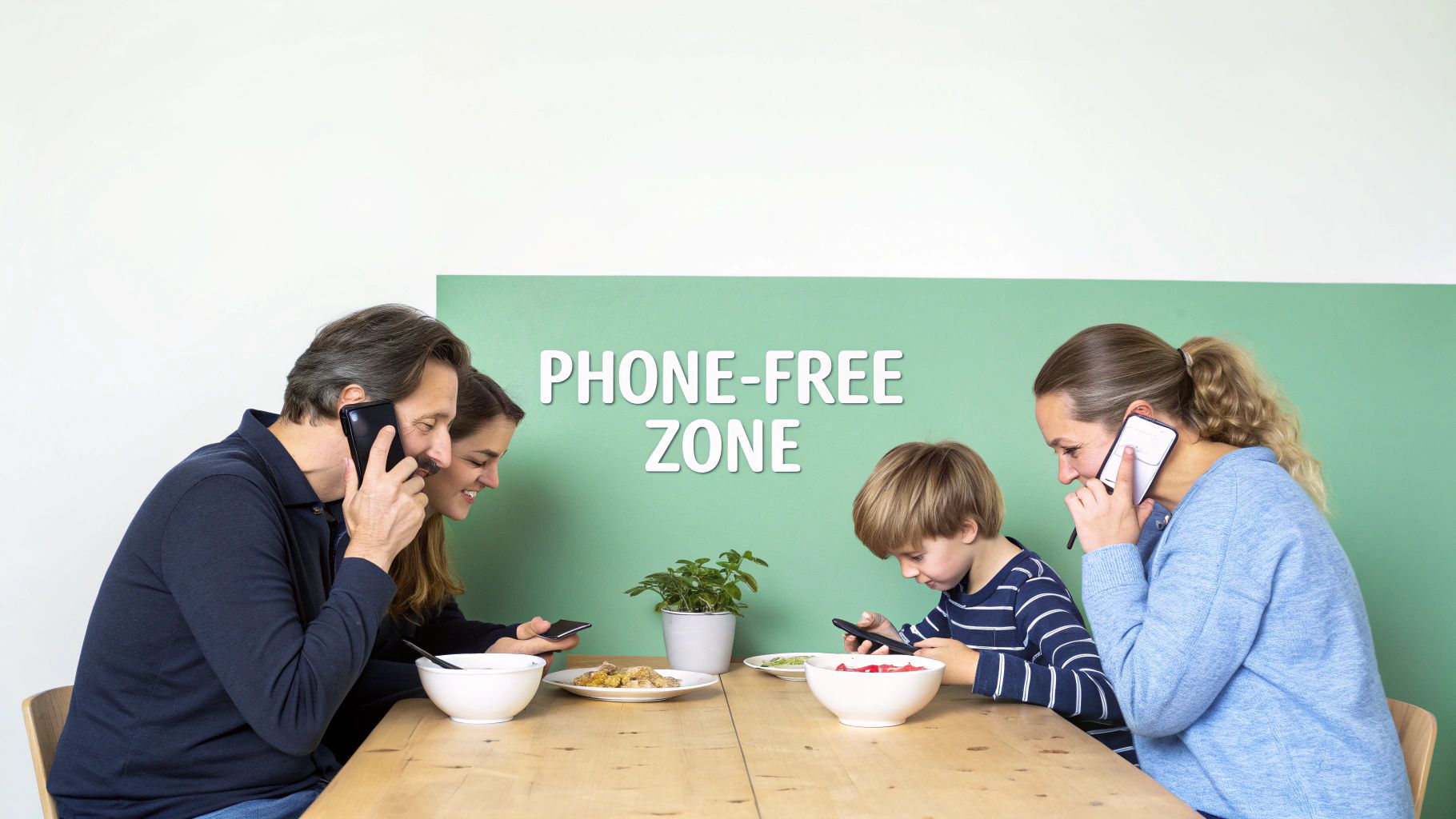 A family sits at a table, all engrossed in their phones despite a "PHONE-FREE ZONE" sign behind them.